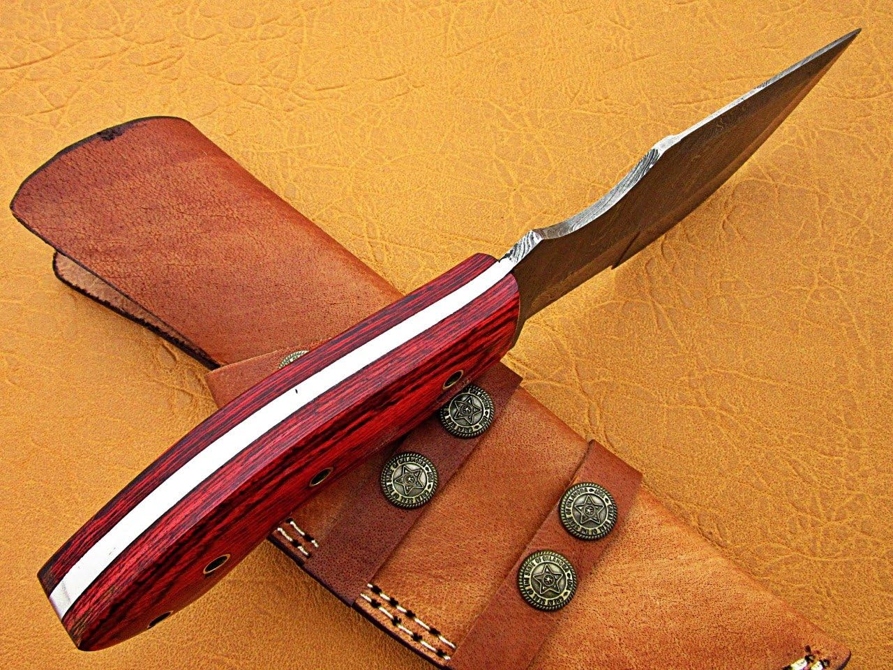 9.5" Long Damascus Steel Tracker Knife Hand Forged Twist Pattern Full Tang, Natural Rose Wood Scale with Scale, Cow Hide Leather Sheath with Belt Loop