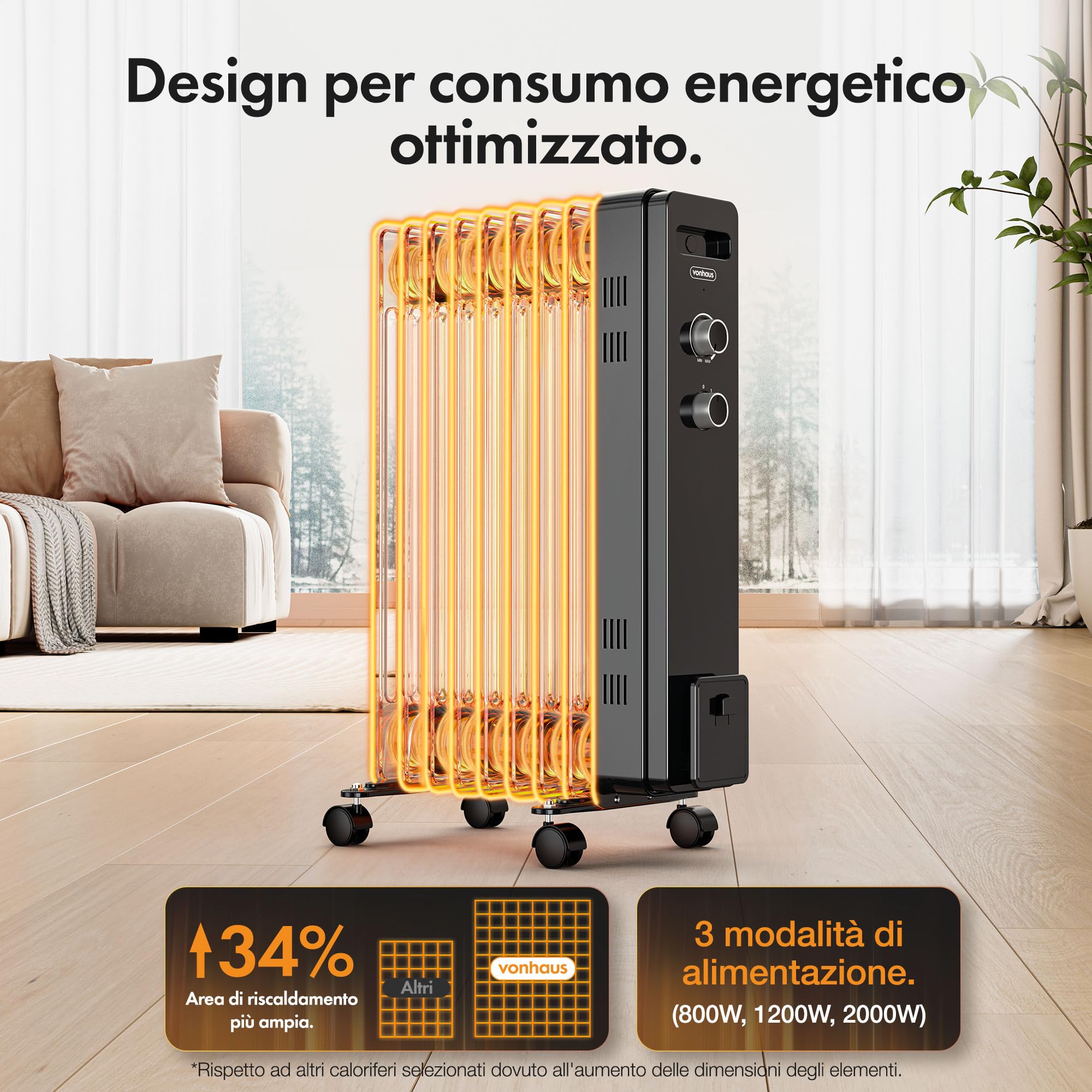 VonHaus Radiatore a Olio Elettrico 9 Elementi – Stufa ad Olio Portatile da 2000W, per Casa, Ufficio, Stanze – Termostato Regolabile, 3 Livelli di Calore, 4 Ruote, Cavo da 1,5 m (Nero)