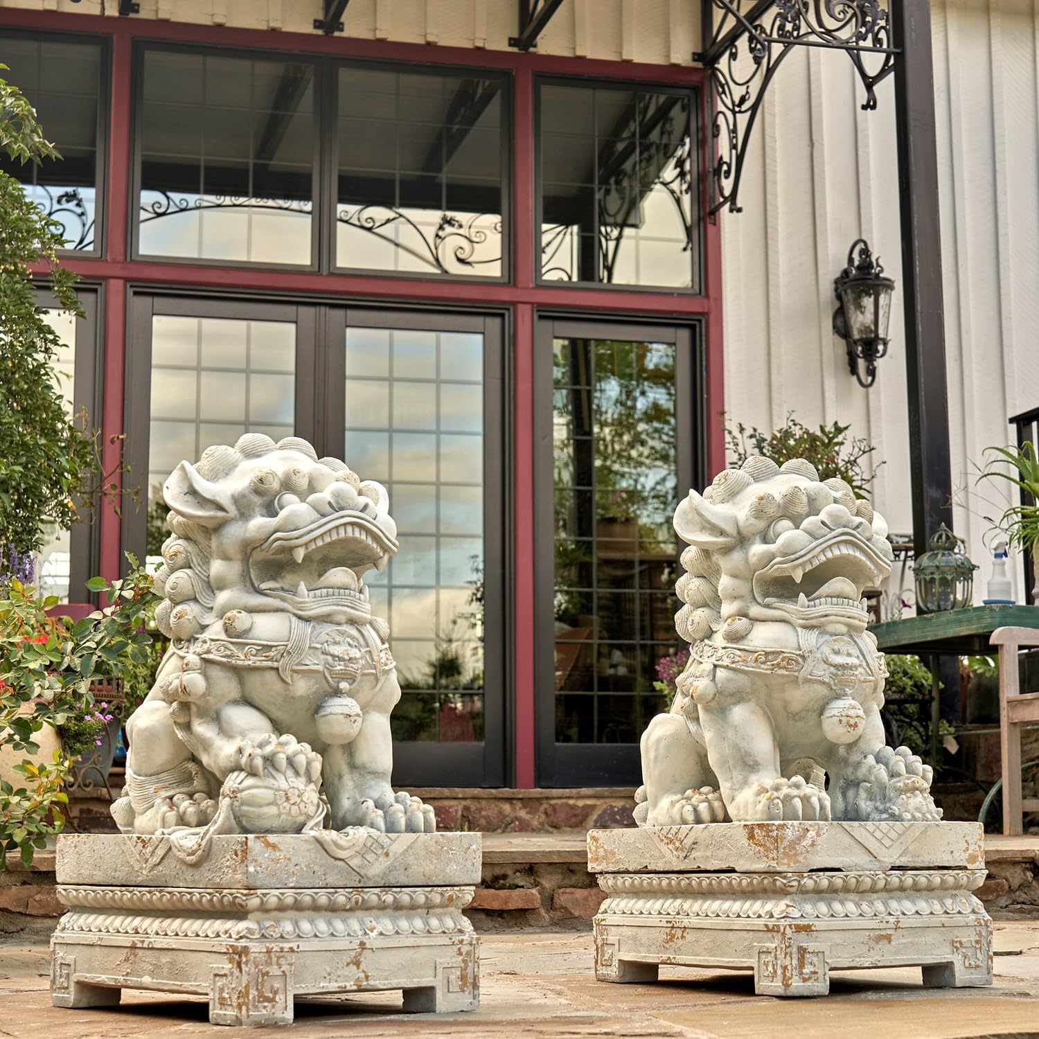 Zaer Ltd. Set of 2 Traditional Fu Dog Garden Statues, Chinese Guardian Lion Sculptures with Pedestals, Made with Magnesium-Cement (Distressed Gray)