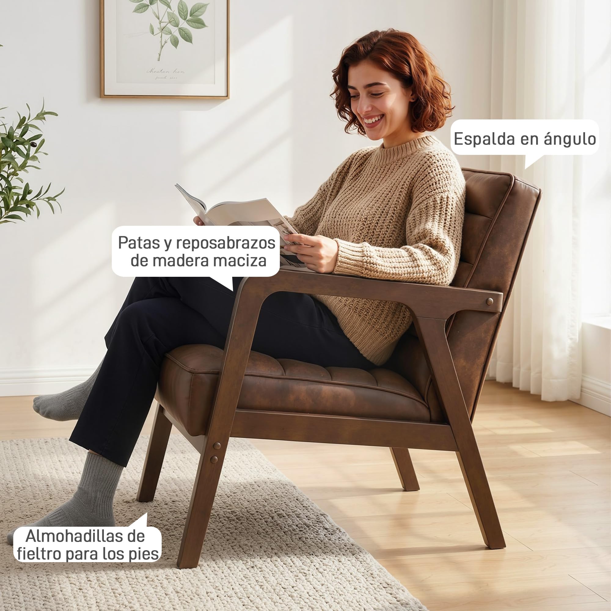 HOMCOM Butaca de Salón, Tapizado en PU, Sillón Lectura con Marco de Madera Maciza, Asiento Acolchado, Asiento Amplio, Butaca para Sala de Estar, Dormitorio, Marrón