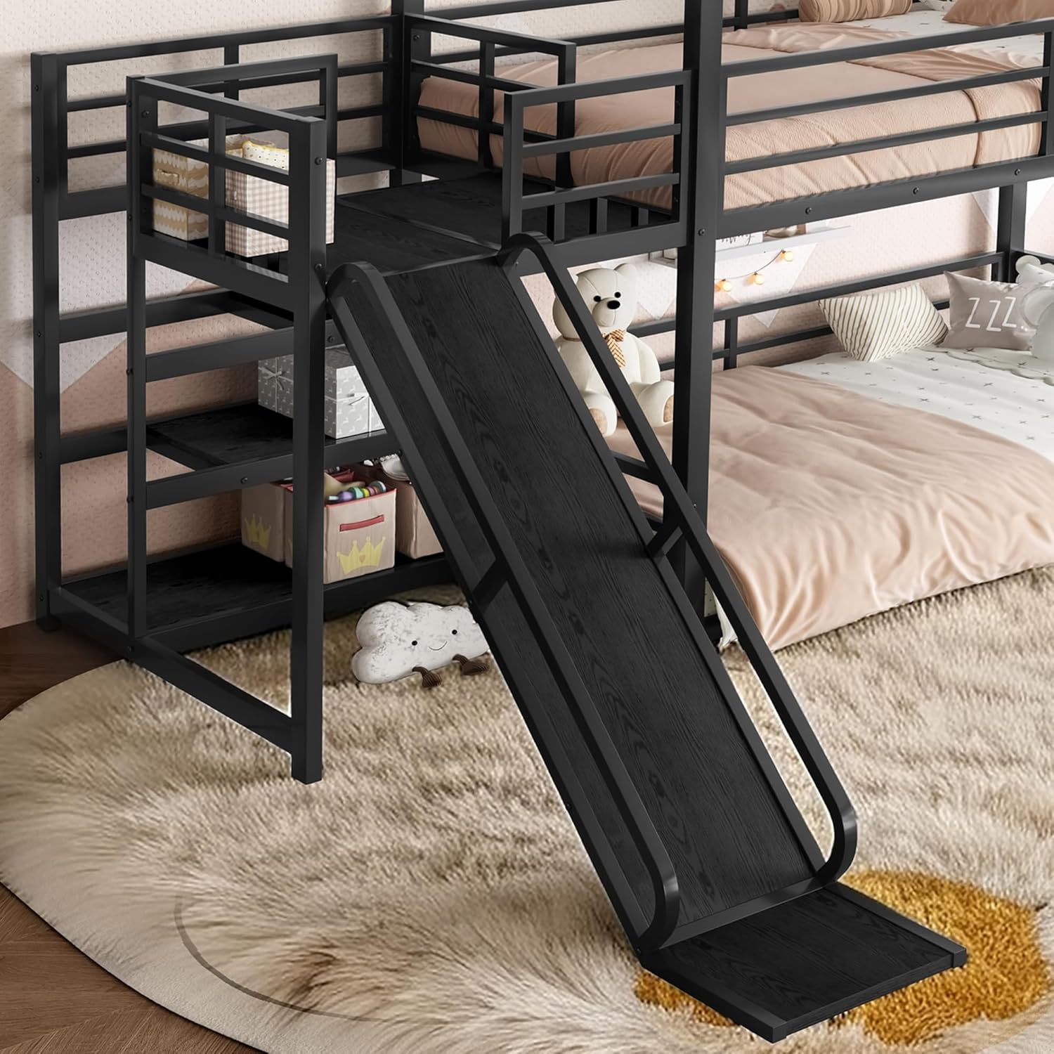 Kids House Metal Bunk Bed with Slide, Twin Over TwinHeavy Duty Bunk Bed with Storage Stairs and Safety Guardrail, Kids, Boys & Girls, Noise-Free & Easy Assemble, Black