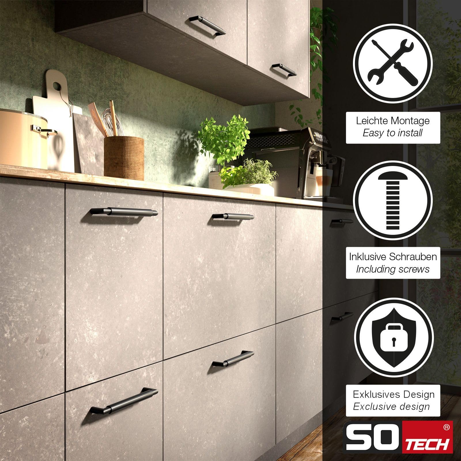 10 x SO-TECH® Möbelgriff Relinggriff E9 echt Edelstahl schwarz matt BA 480 mm/Ø 16 mm mit Sockeln aus Metall