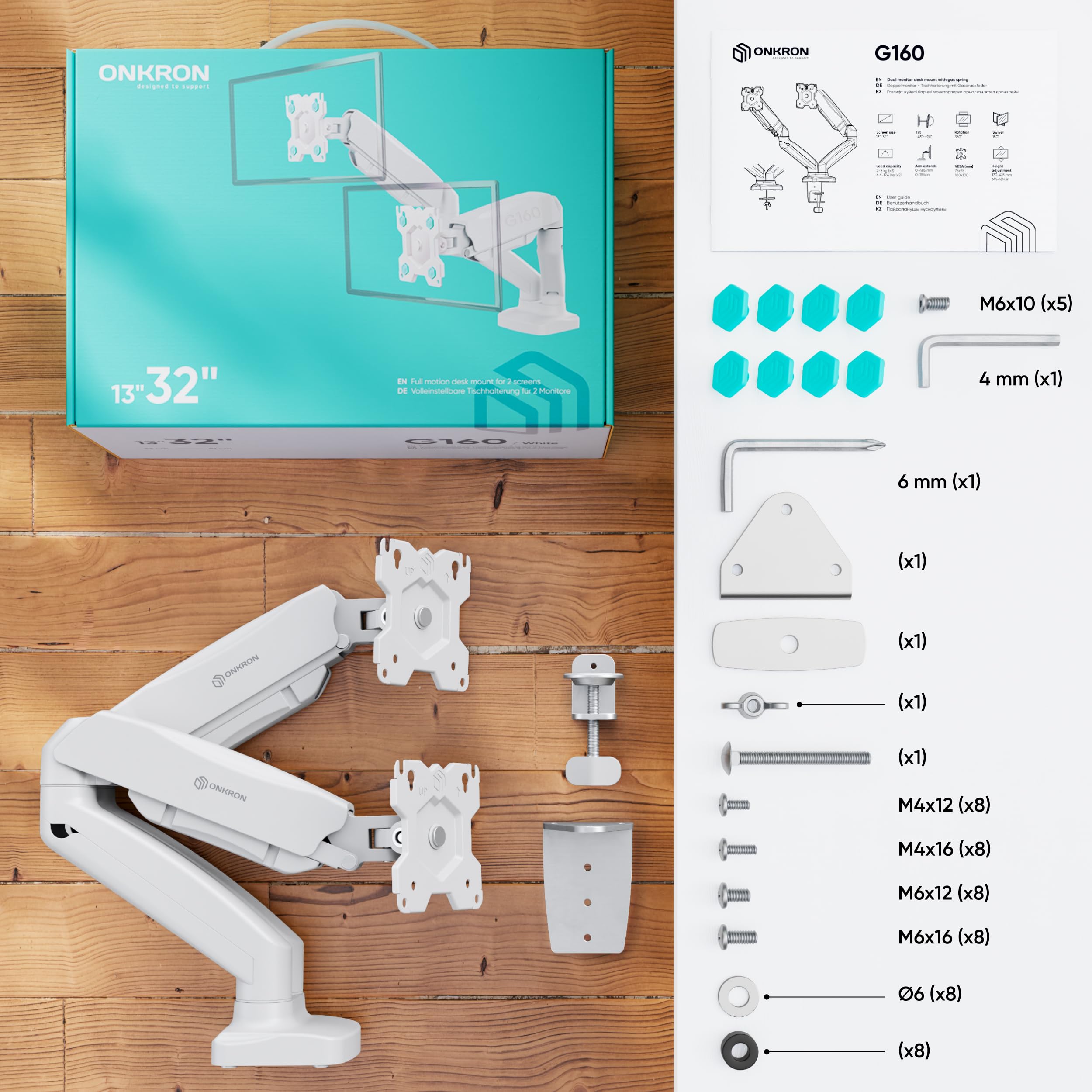 ONKRON G160 WHT Bras pour Moniteur PC, Support de Bureau pour Deux écrans Ordinateur 13 à 27 Pouces Blanc