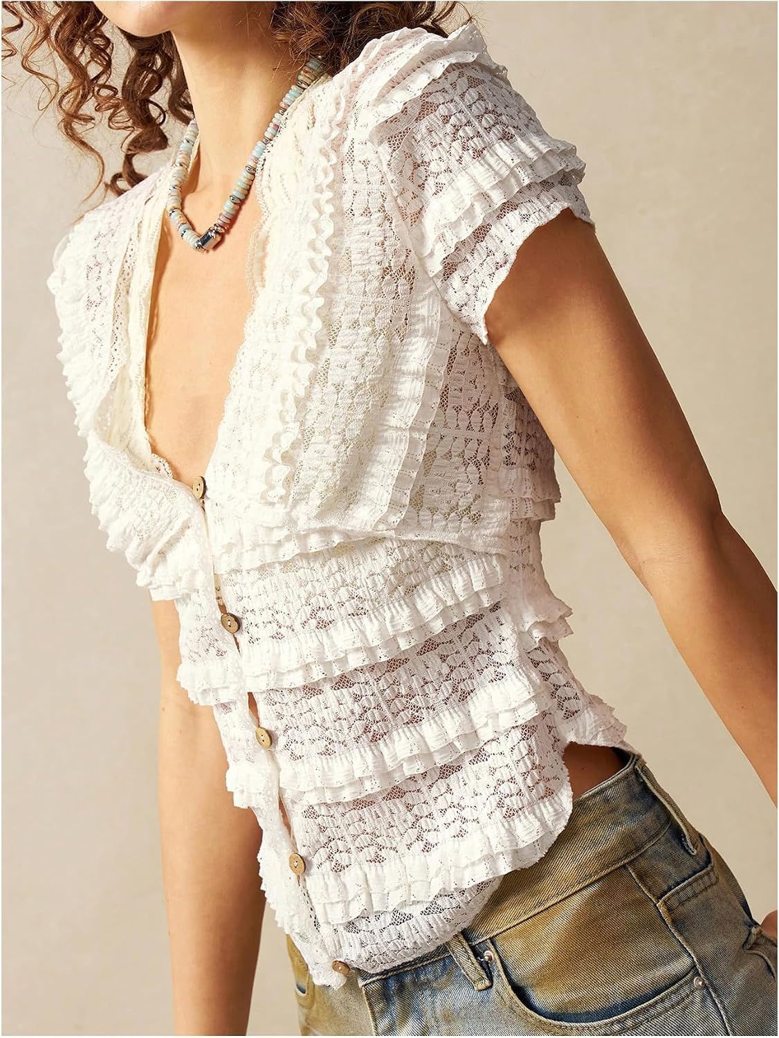 MakeMeChic Women's Lace Button Up Tops V Neck Short Sleeve Ruffle Layered Y2k T Shirt