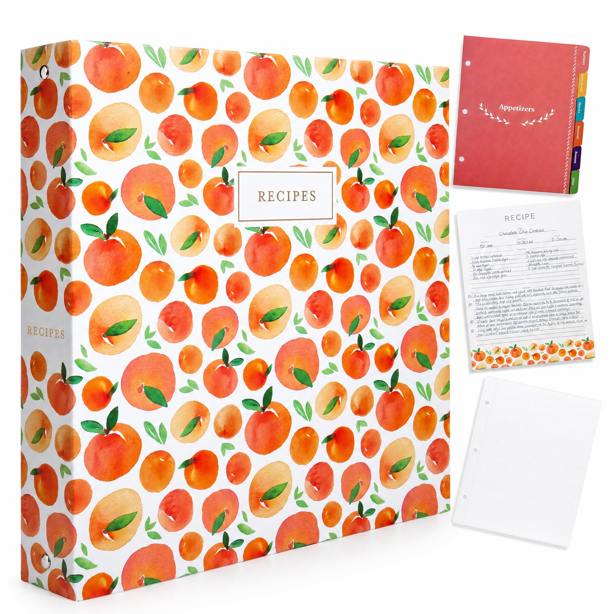 Jot & Mark Raccoglitore per ricette a 3 anelli, 21,6 x 27,9 cm, robusto, con maniche trasparenti a prova di fuoriuscite, 30 pagine per ricette scritte e stampate, divisori a schede, Peach Dream