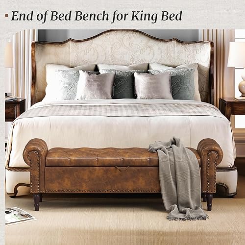 Miniatura 3 de Cozyman Banco otomano de almacenamiento, banco de ventana con brazo enrollado de piel sintética de 62 pulgadas, banco de ventana con botón copetudo