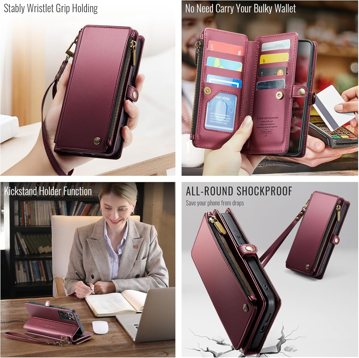 Defencase Compatible with Samsung Galaxy S21 Ultra Case Wallet with RFID Blocking Card Holder for Women, PU Leather Magnetic Snap Flip Zipper Strap Wallet Case Fit for Galaxy S21 Ultra 5G, Wine Red