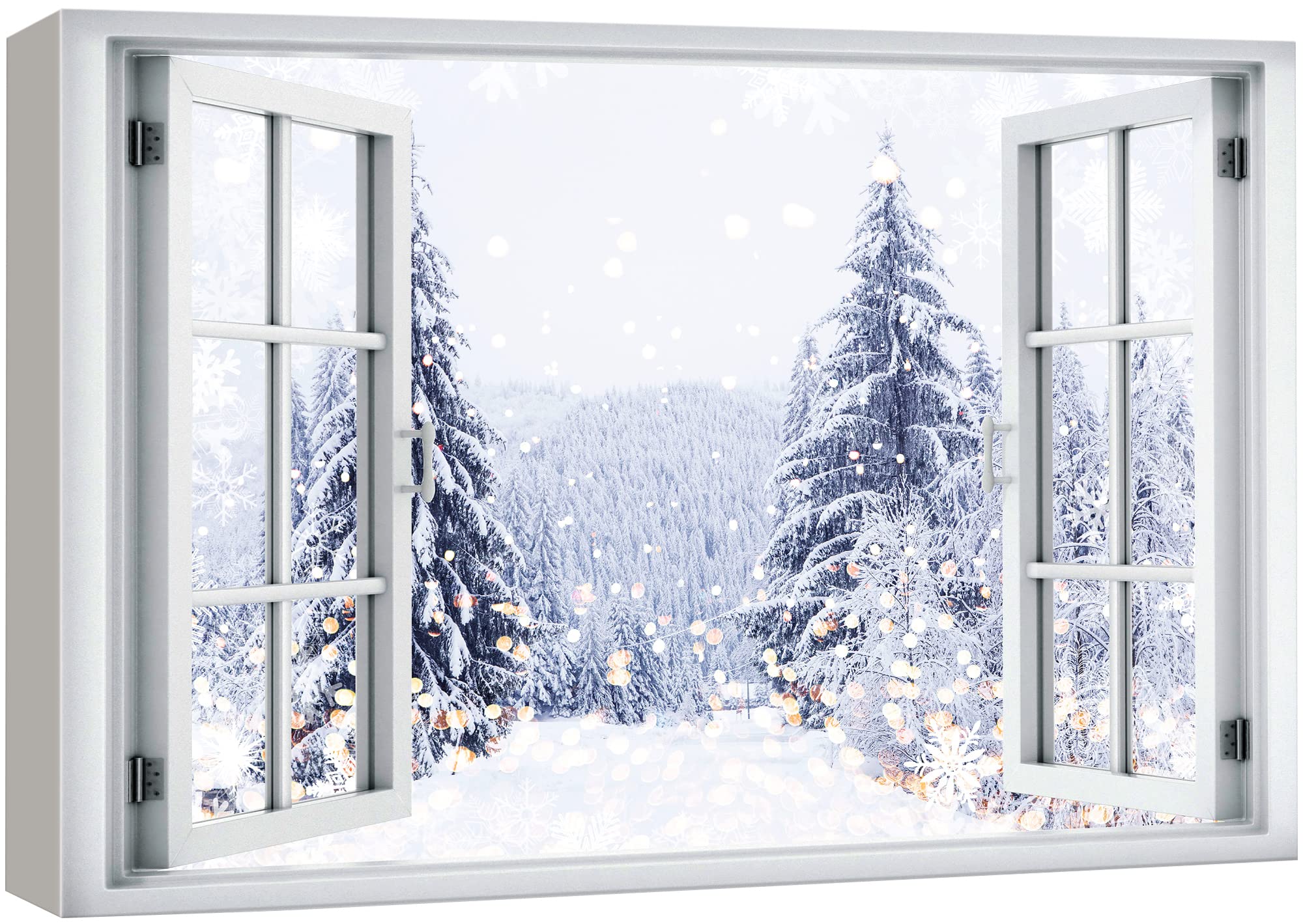 wall26 Canvas Print Wall Art Window View Snowy Winter Pine Tree Forest