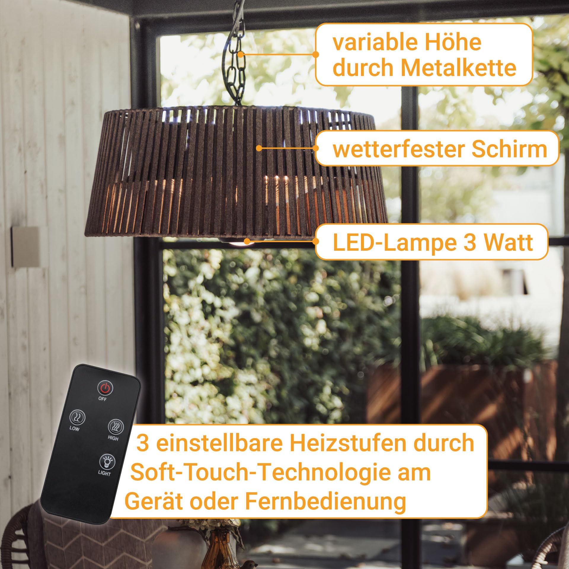 SUNRED Infrarot-Hängeheizstrahler Terasse braun mit OLEFIN-Schirm und LED-Lampe Deckenmontage 1800 W - Terrassenheizer außen 3 Heizstufen, Fernbedienung Deckenmontage widerstandsfähiges Olefin-Gewebe
