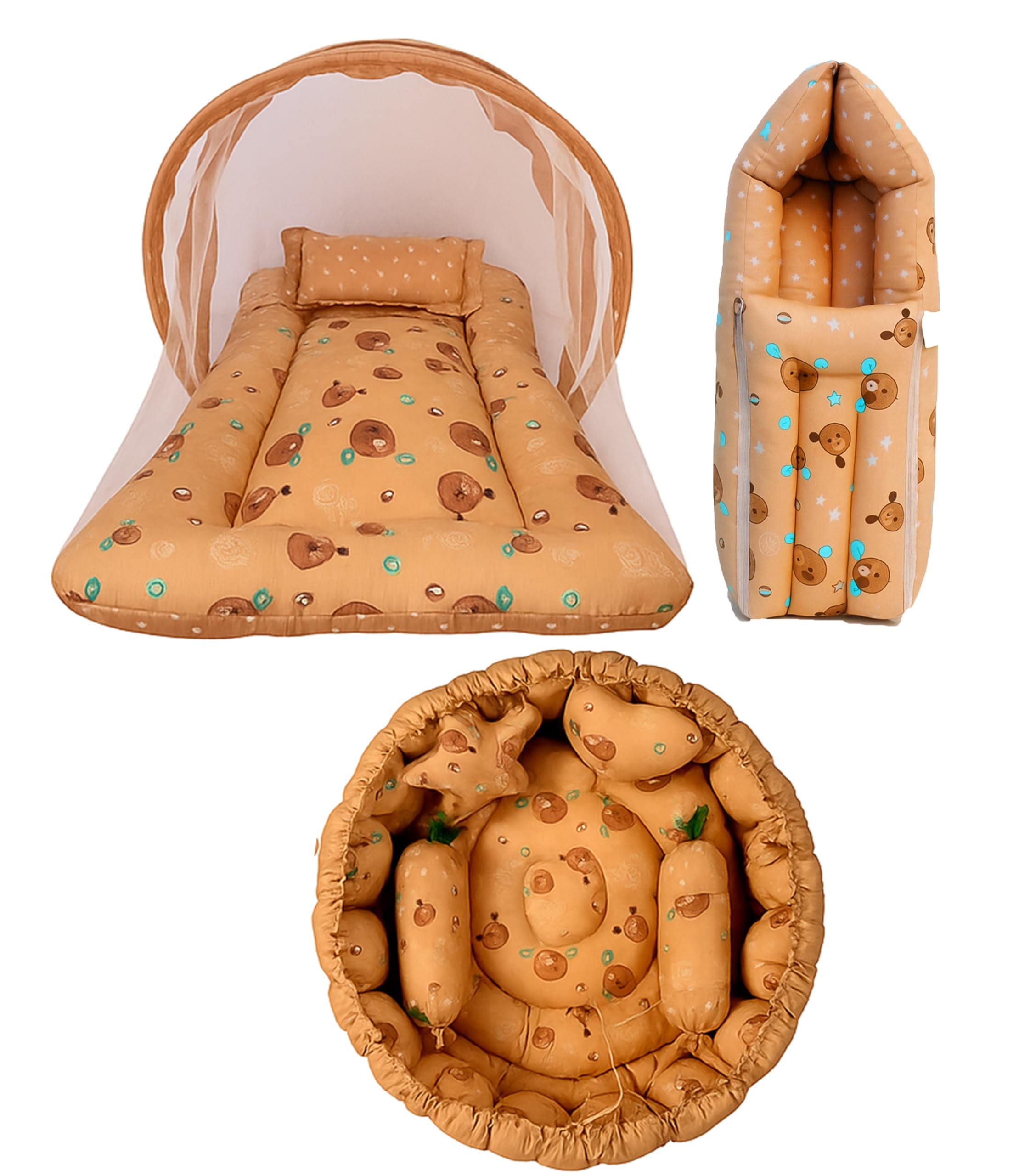 Kwitchy Baby Bed New Born Baby Bedding Set | Cotton | Carry Bags | Essential | Mosquito Net | Bed Combo | Gift Packs (Brown, 0-6 Months) (3PCS Set)-picture-11
