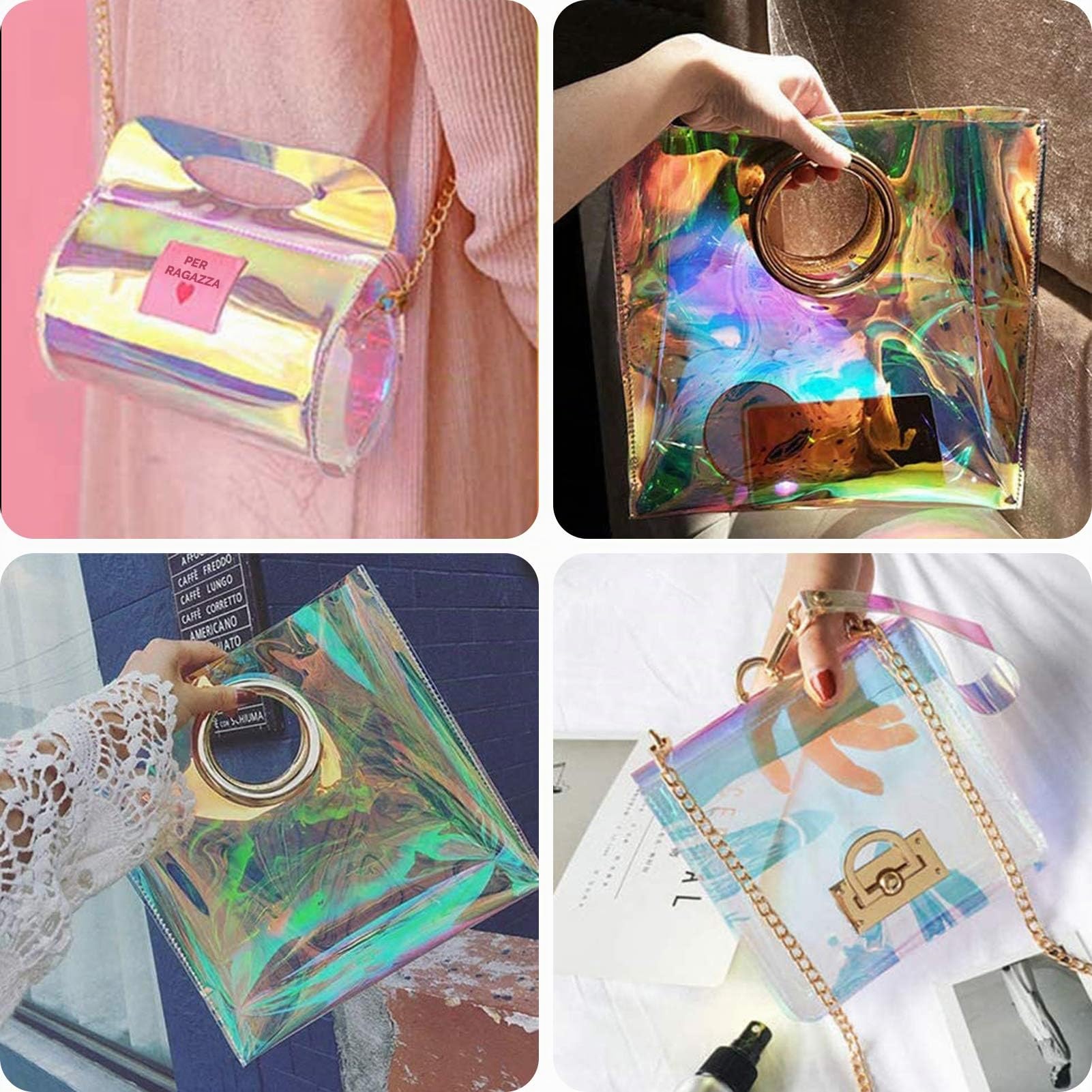GORGECRAFT 7Pz Foglio olografico in PVC 8 "x 12" Vinile trasparente iridescente Arcobaleno Pellicola trasparente lucida Pellicola a specchio Tessuto per scarpe Borsa da cucire
