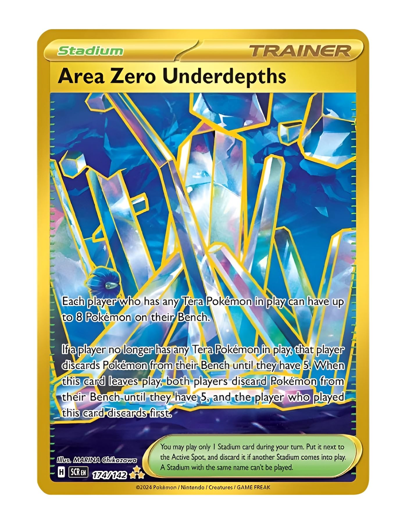 Area Zero Underdepths 174/142 Ultra Rare Gold Trainer Card | Gold Trainer Cards | Hyper Rare | Stellar Crown | Pokemon Scarlet and Violet | Titan Cards Authenticated