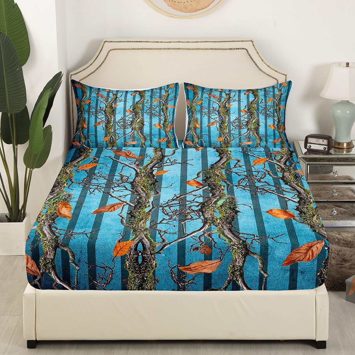 Tree Branches Kids Fitted Sheet Queen Size,Wild Hunting Botanical Leaves Rustic Cabin Bedding Set,Boys Girls Room Decor,Geometric Stripes Patch Bed Cover,Blue Bed Sheet,2 Pillowcases(No Top Sheet)