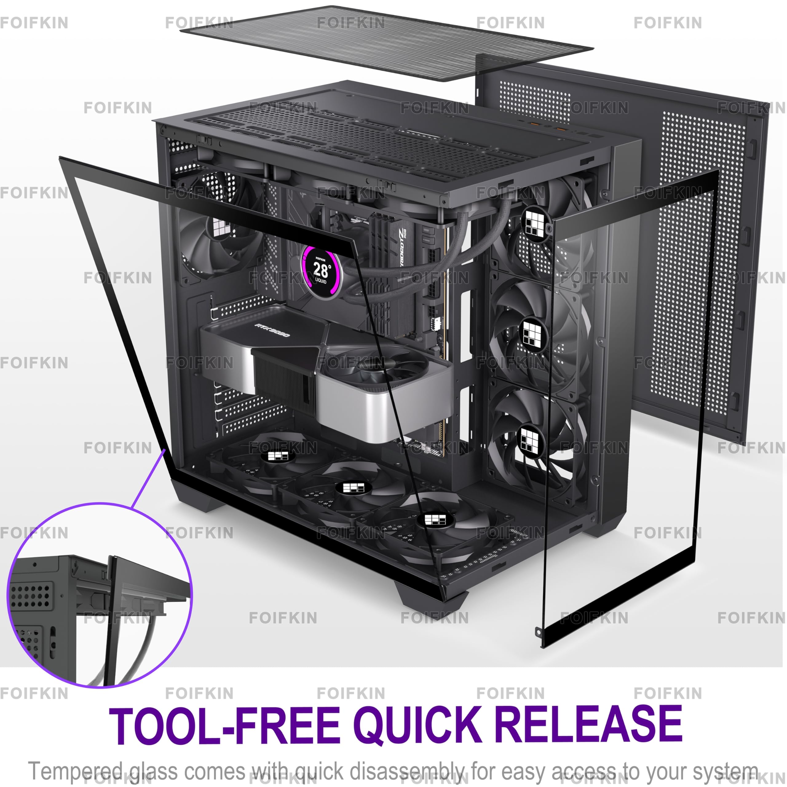 FOIFKIN F300 PC Gehäuse ATX mit 4 ohne RGB-Lüfter,Hoher Luftstrom Mid-Tower Computer Gehäuse,Gaming PC-Gehäuse Big Tower,ATX Gehäuse Schwarz,mit Type-C,360mm Radiator Computergehäuse (Schwarz, F300)