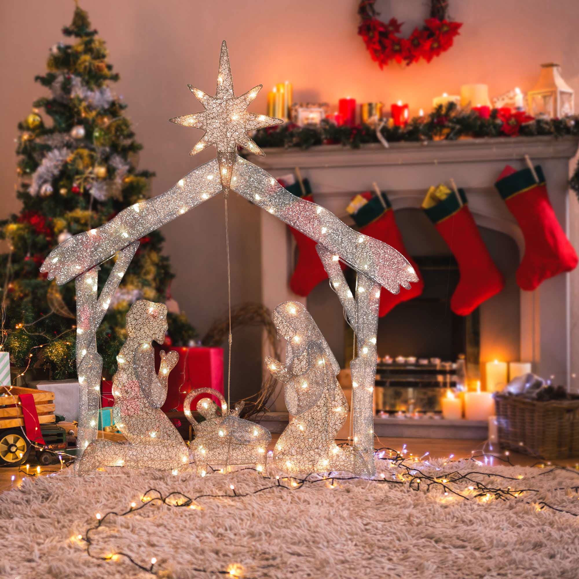 Yescom 4.5FT Holy Family Outdoor Manger Nativity Scene Christmas Pre-lit 3D Artificial for Patio Yard Garden Party Event Holiday with 80 LED Lights Ground Stakes Waterproof Warm White