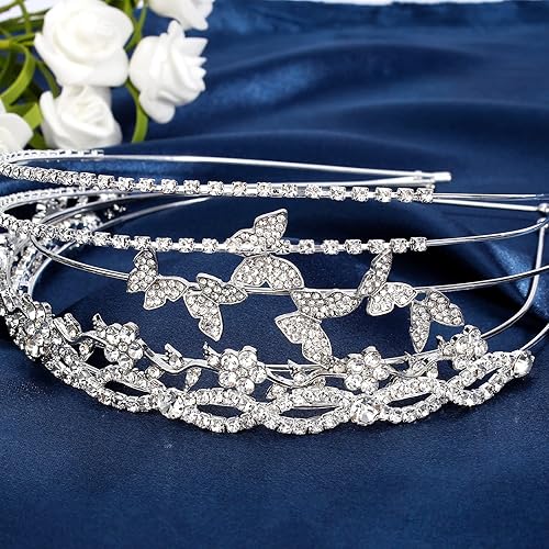 Miniatura 6 de Wecoe Paquete de 4 diademas plateadas con diamantes de imitación, diadema de flores y niñas, diadema de cristal para boda, diadema de metal con