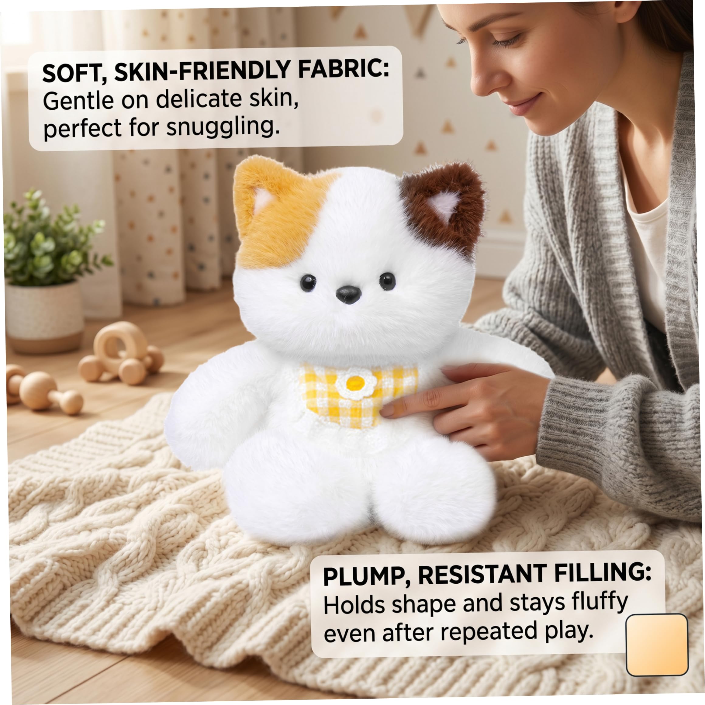 Calico Cat Running Animal de Peluche Juguete de Peluche con Babero Amarillo extraíble 17.72 Pulgadas
