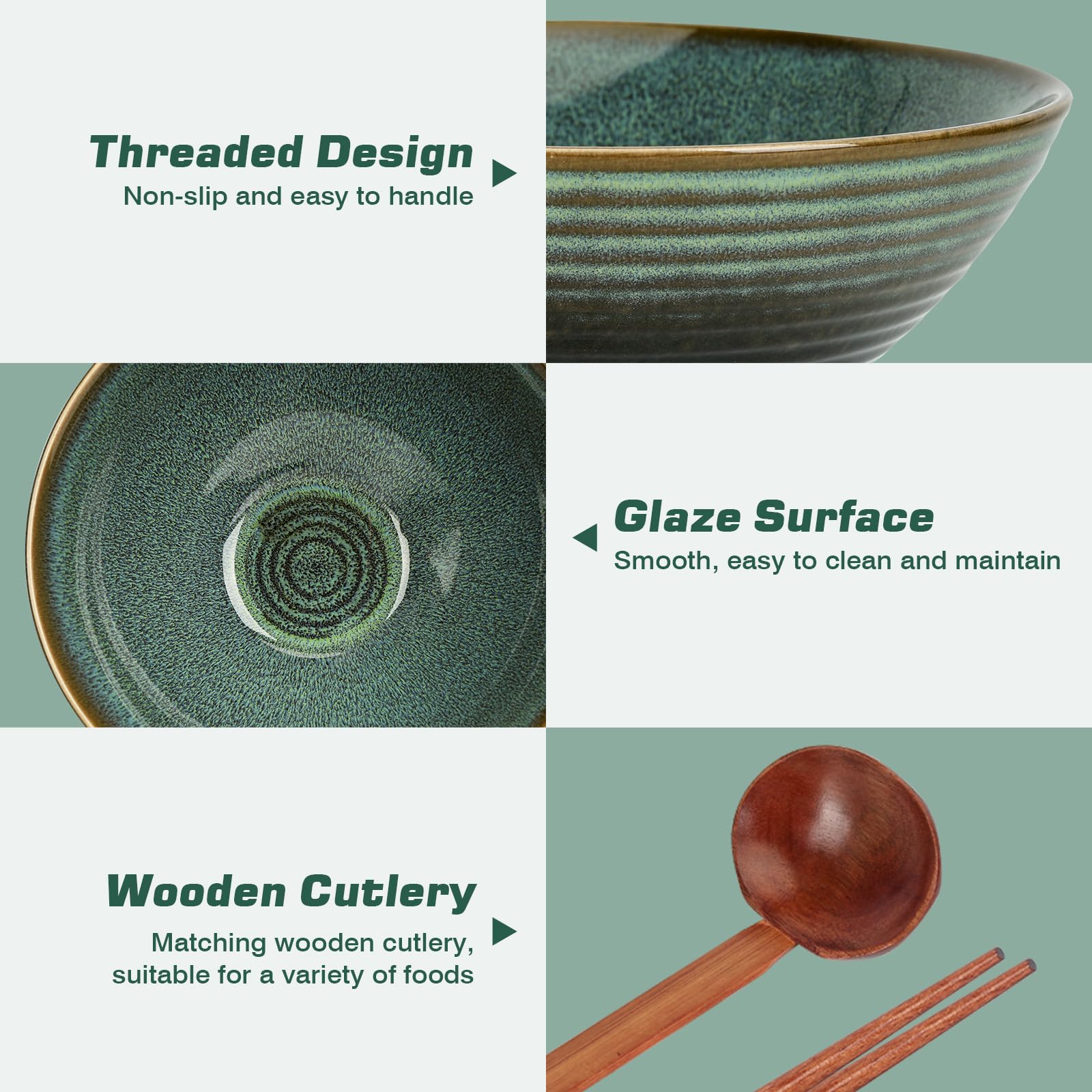 1200ML Ciotola Ramen con Bacchette e Cucchiai, 2 Set Ramen Bowl in Ceramica con Smalto Verde Cambiato in Forno,Ciotole Ramen Giapponesi, Ciotole per Ramen, Zuppa, Insalata, Muesli