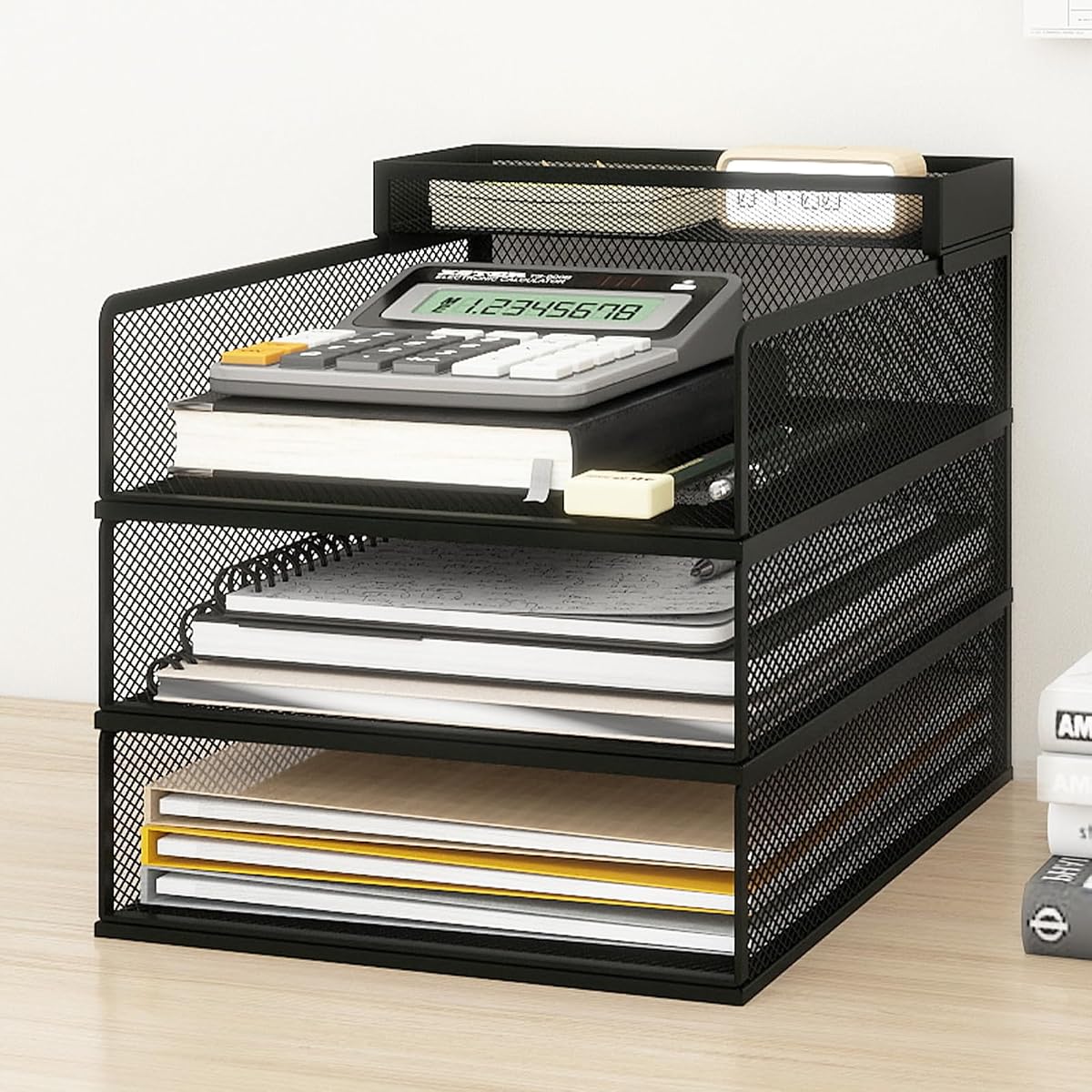 3-Tier Stackable Metal Mesh Letter Paper Tray Organizer,Black | Desk Organizer For Paper,Document,Mail Tray For Office Supplies,File Holder For Home Office School Classroom Organization
