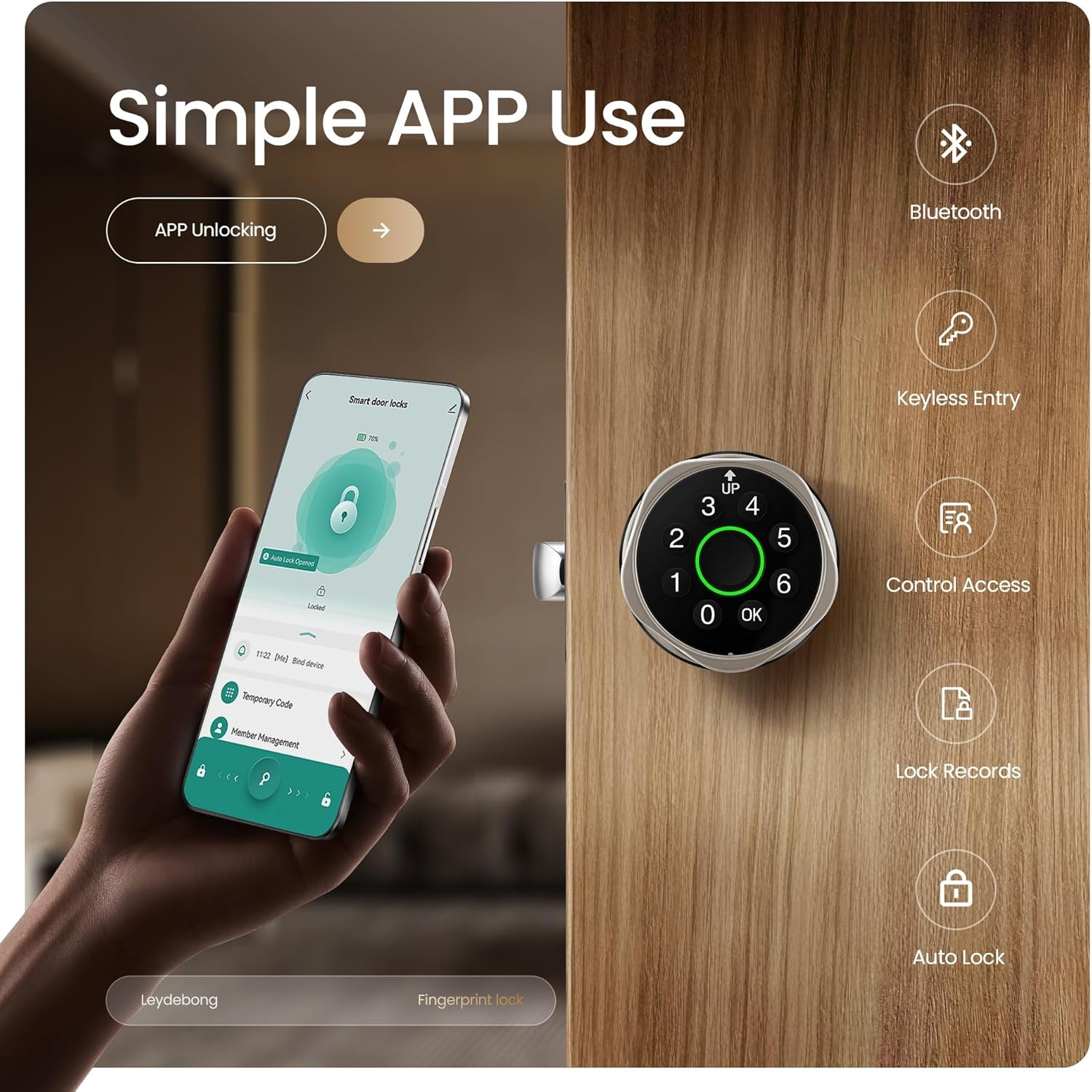 Leydebong 4-in-1 Smart Door Lock with Fingerprint and Keypad - Keyless Entry Electronic Lock with App and Mechanical Key - Easy Installation Smart Door Knob for Home Office Bedroom & Apartment