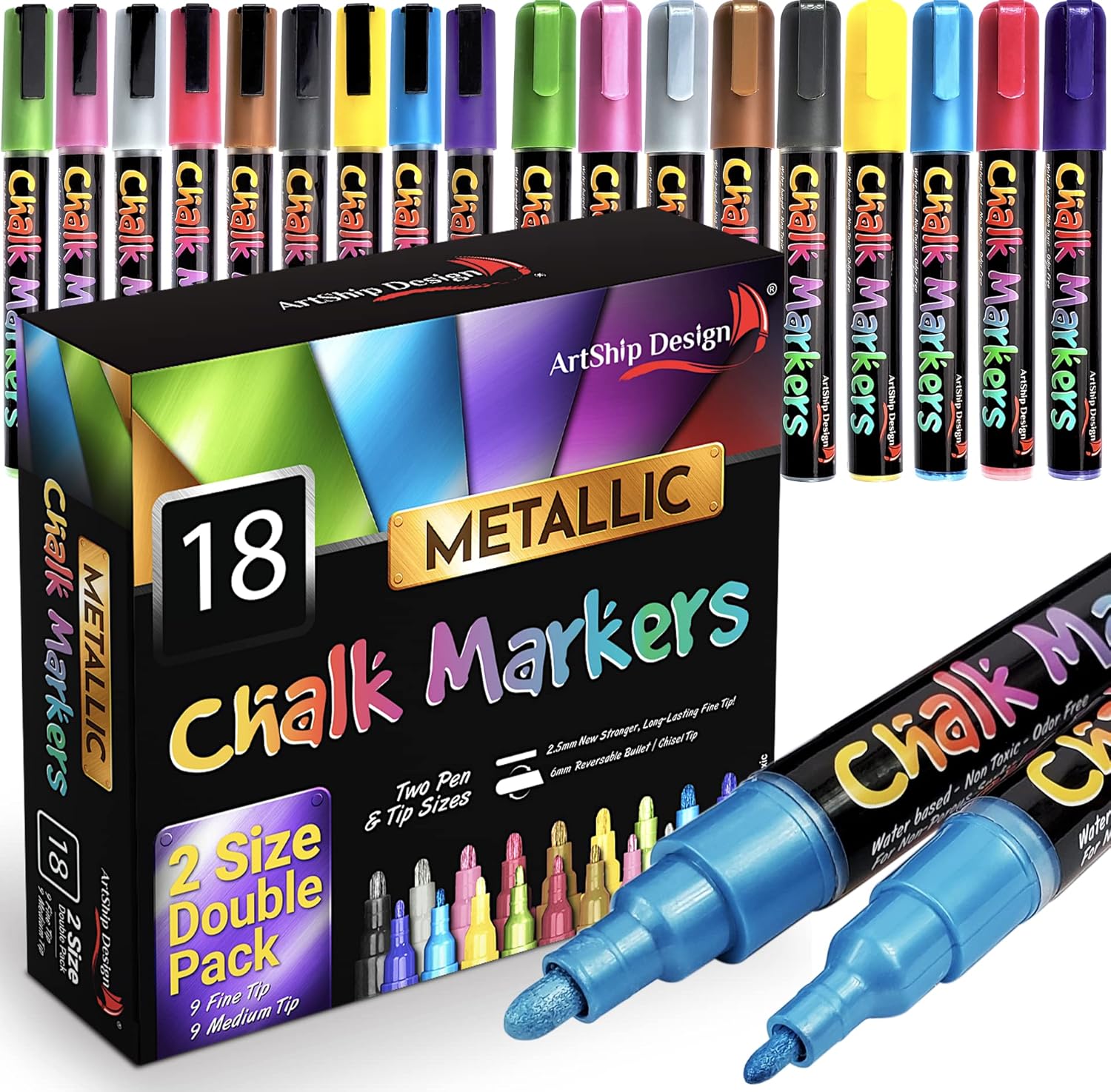 18 Metallic Chalk Markers - Double Pack of Both Fine and Reversible Medium Tip Liquid Chalk Pens Wet Erasable - Menu Boards, Glass, Windows, White Boards, Mirrors, Chalk Boards, Plastic