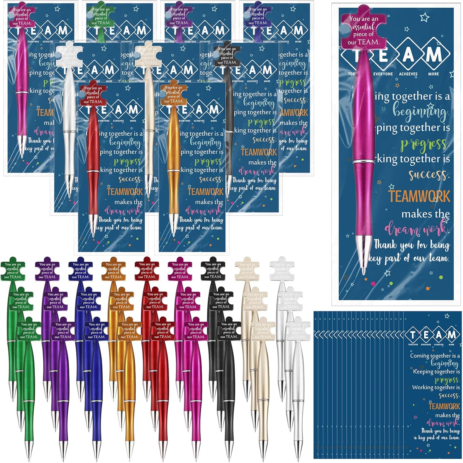 Sinload 100 Sets Team Appreciation Gifts Bulk Inspirational Puzzle Ballpoint Pens Motivational Cards Bookmark for Team Staff Office Coworker Employee Teamwork Gifts