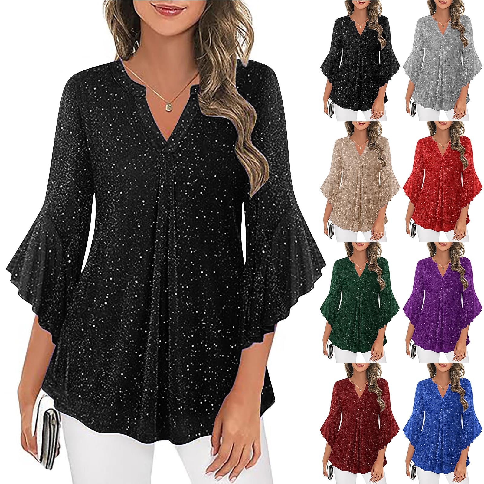 Blusa para mujer, manga 3/4, elegante, estampado dorado, túnica brillante, cuello en V, blusa festiva, monocolor, blusa para mujer, brillante, atuendo de fiesta