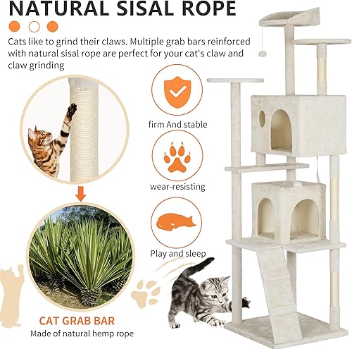 Vista 127 de BestPet Torre de árbol para gatos de 54 pulgadas Beige Resistente y fácil de montar, centro de actividades de varios niveles con postes