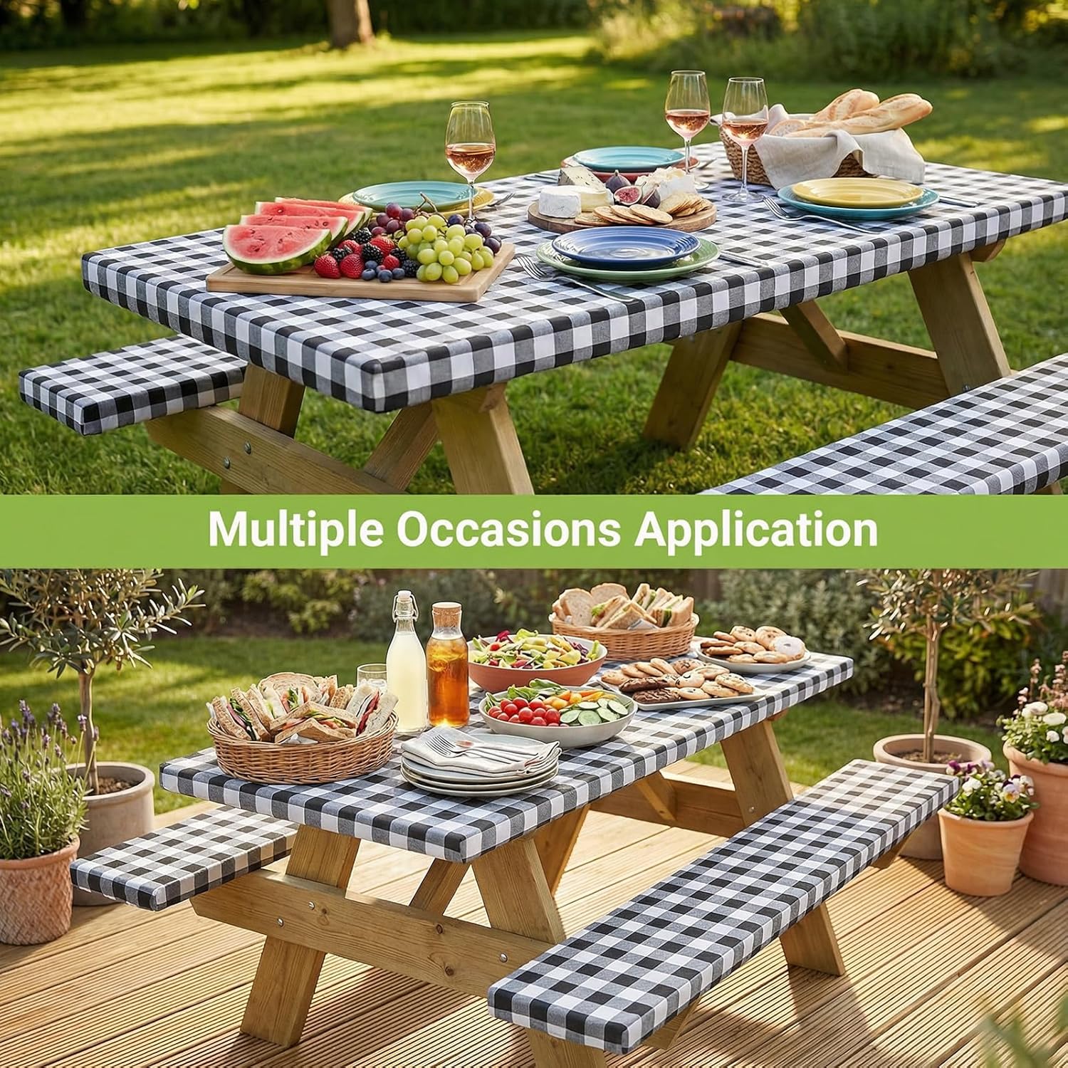 Velway Picnic Table Cover with Bench Covers, Camping Essentials Waterproof Elastic Fitted Tablecloth for 6FT Rectangle Tables, Outdoor Washable Buffalo Plaid Table Cover Set (Black & White, 30×72")