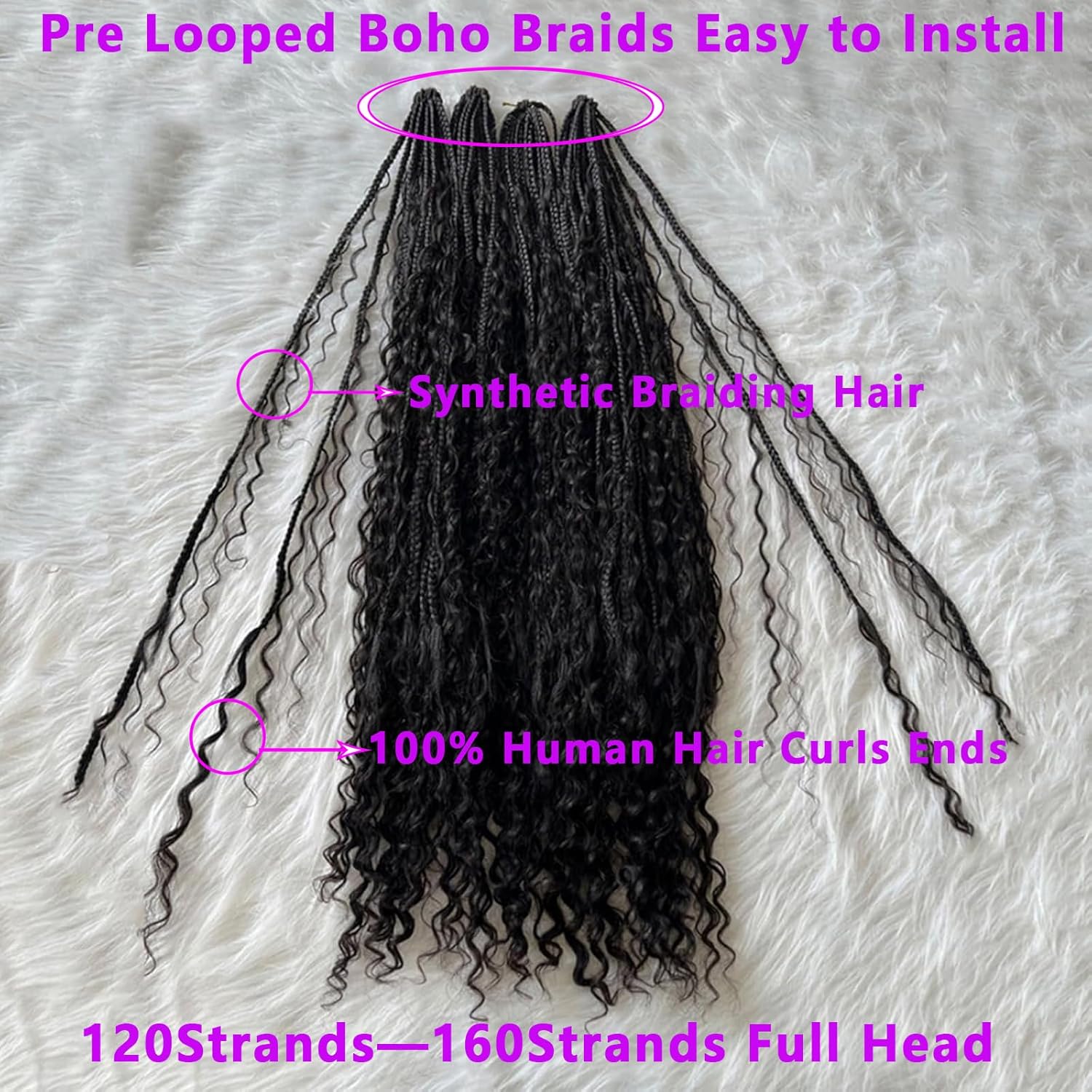 Boho Box Braids Crochet With Human Hair Curls Synthetic Braiding Pre-looped Goddess Hair Extensions Boho Knotless Braids for Women 12 Inch 80Strands