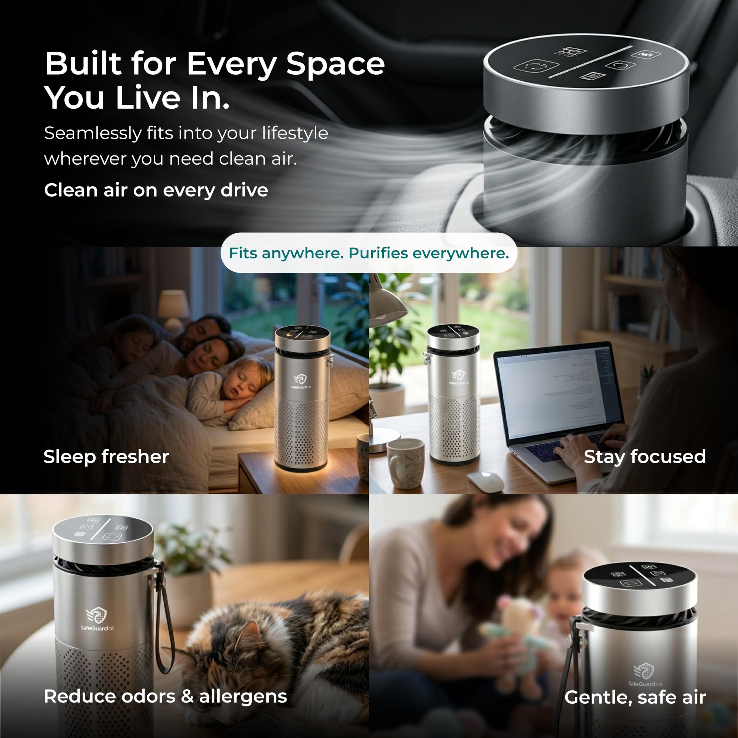 SafeGuard Air Car Air Purifier with True H13 HEPA filtration & Smart Touch Display | 3-Speed Airflow | Ultra-Quiet | Cup Holder Design | Portable Air Purifier | Battery Operated 3