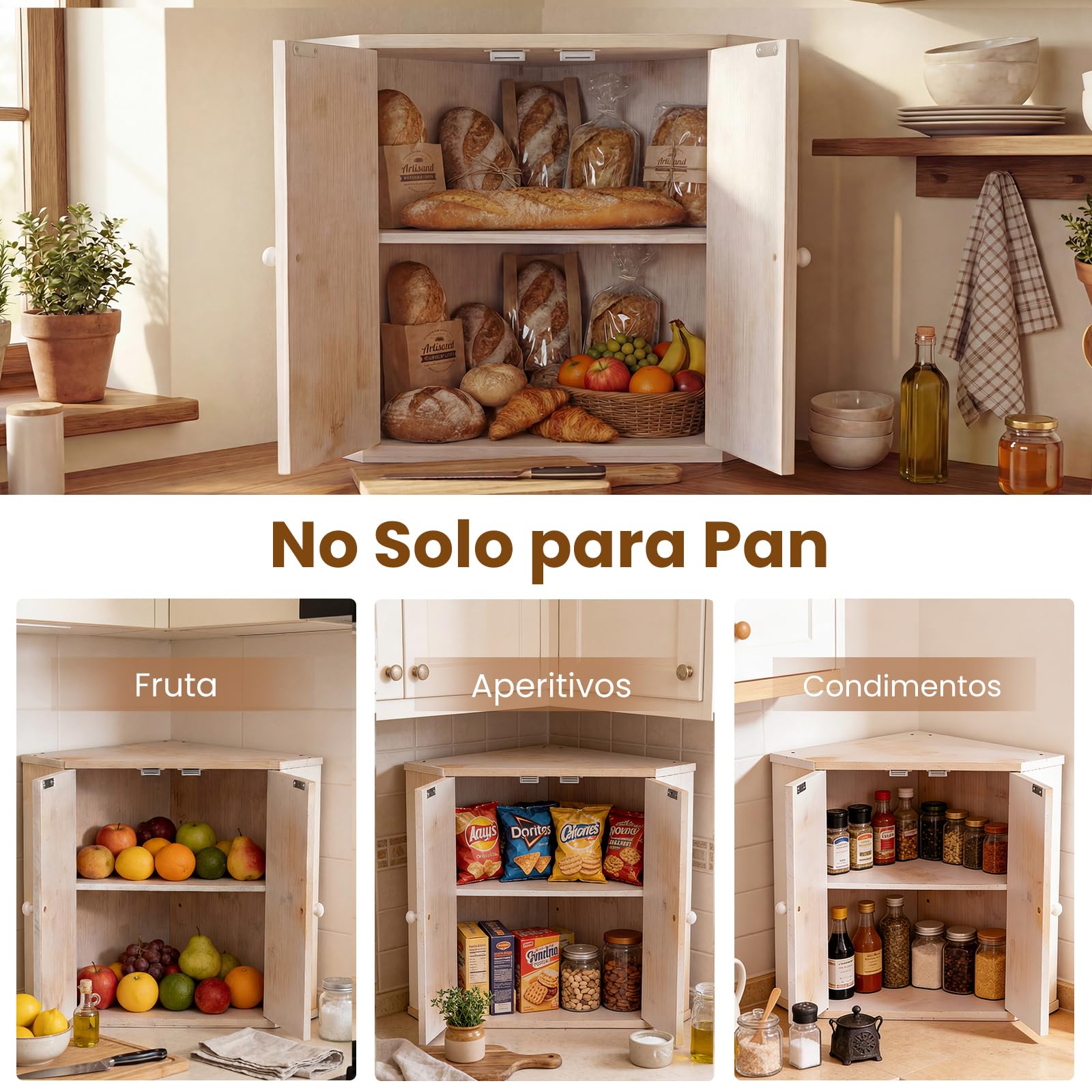 COSTWAY Paneras para Guardar el Pan, Panera de Bambú de 2 Niveles con Estante Ajustable, Caja de Pan Esquinera para Encimera de Cocina, Panera Madera de Gran Capacidad, Contenedor Estilo Rústico