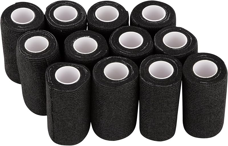 Garza Autoadesiva 12 Rotoli Benda Elastica Coesiva, Fasciatura Coesiva per Primo Soccorso, Sport, Cavalli, Cani (Black, 10cm x 4.5m)