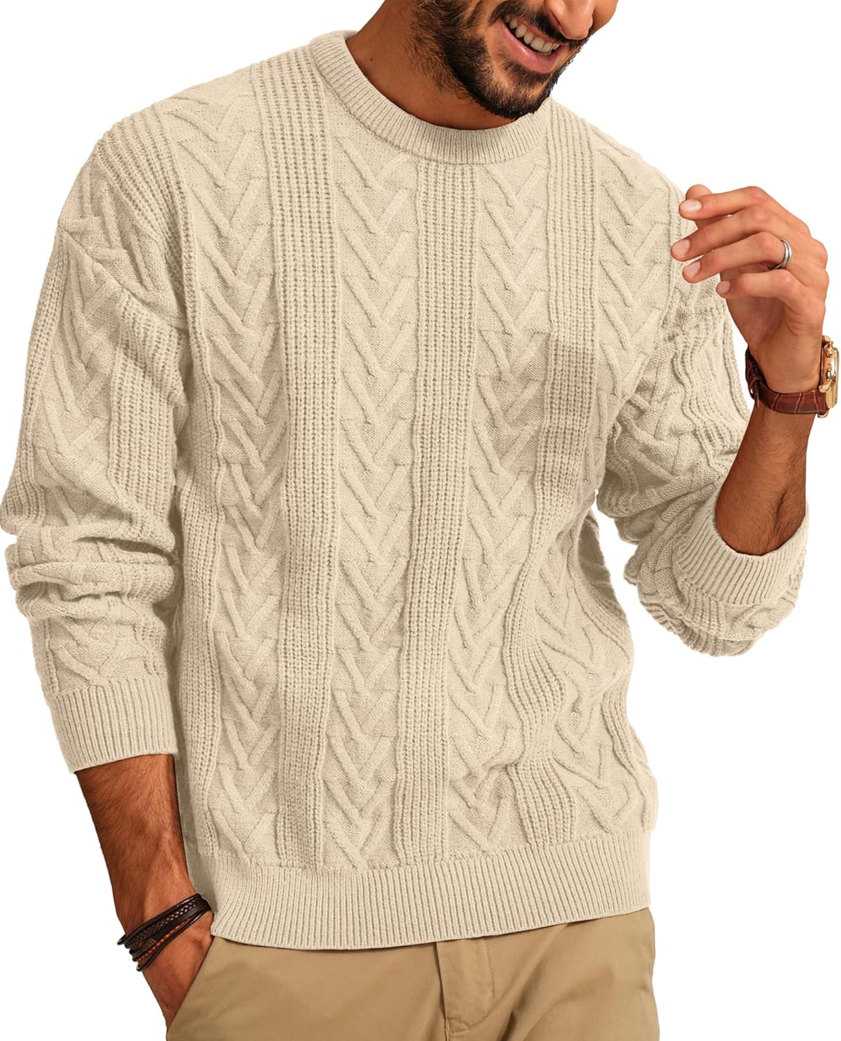 PJ PAUL JONES Mens Crewneck Sweater Casual Cable Knit Pullover Sweater Drop Shoulder Solid Knitted Sweaters
