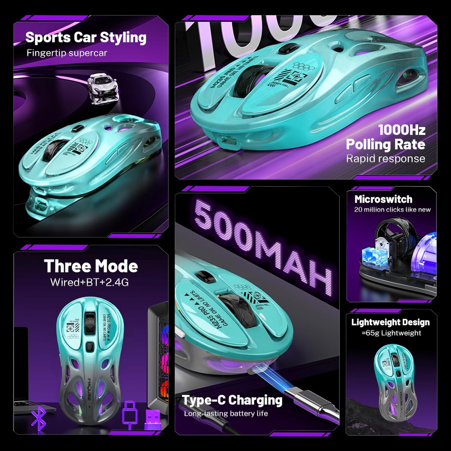 M235 Wireless Gaming Mouse, 65g Ultra-Lightweight, Hollowed-Out Sports Car Design, 4800 DPI, Tri-Mode (2.4G/BT/Wired), 8 Programmable Buttons, RGB Lighting, 1000Hz Polling Rate (Seafoam Gray)