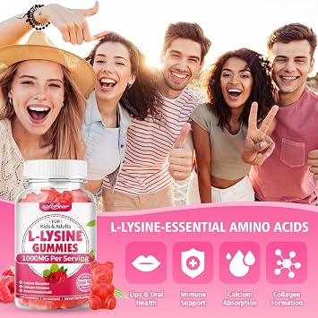 softbear L-Lysine Gummies for Adults & Kids, L Lysine 1000mg Chewable Lysine Supplement for Lips & Oral Health, Immune & Collagen Support, Vegan, Gluten-Free, Raspberry Flavor 60 Count