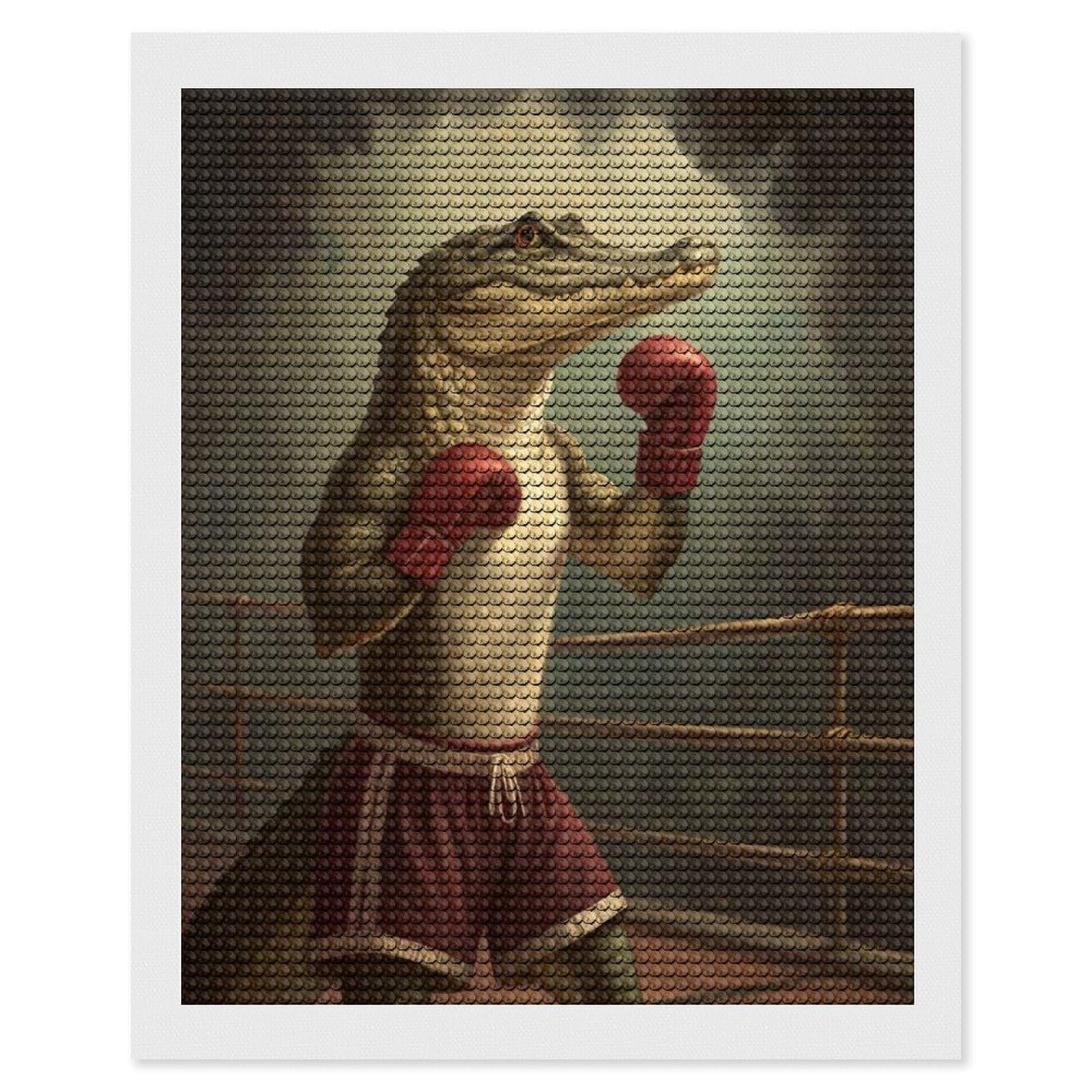 Junmoney Boxing Alligator in Ring Diamond Painting Set 16"x20", Modern Decor, for Beginners, Printed Canvas, Thoughtful Handmade Gift, with Tool Kit