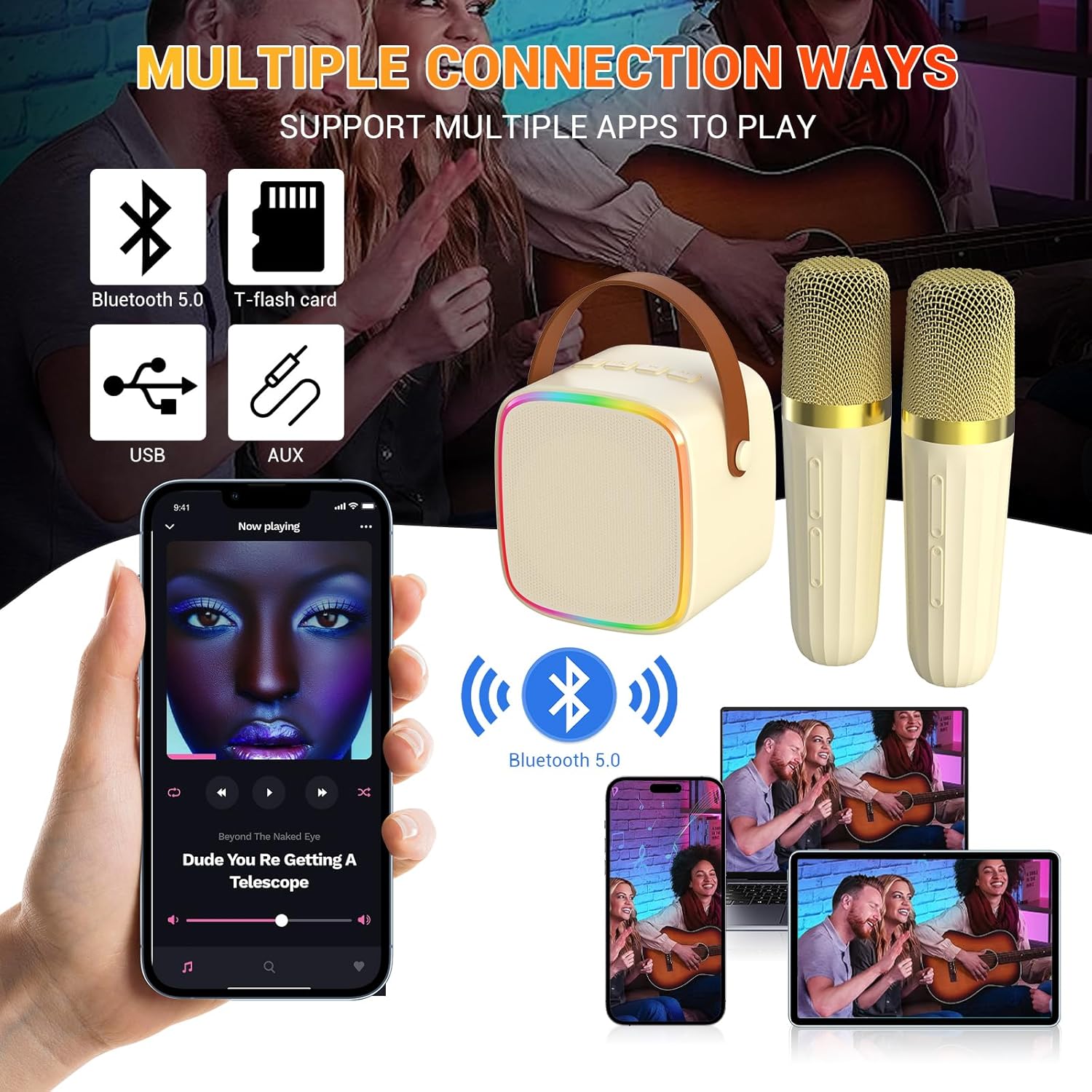 Mini Karaoke Machine for Kids Adults, Portable Bluetooth Karaoke Speaker with 2 Wireless Microphones & Colorful Lights for Girls Boys Christmas Family Party Outdoor Travel(Beige)