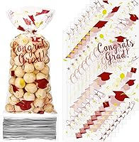 Vista 10 de Blulu 100 bolsas de celofán de graduación, felicitaciones para graduados, bolsas de regalo de plástico con 100 lazos giratorios plateados para Negro