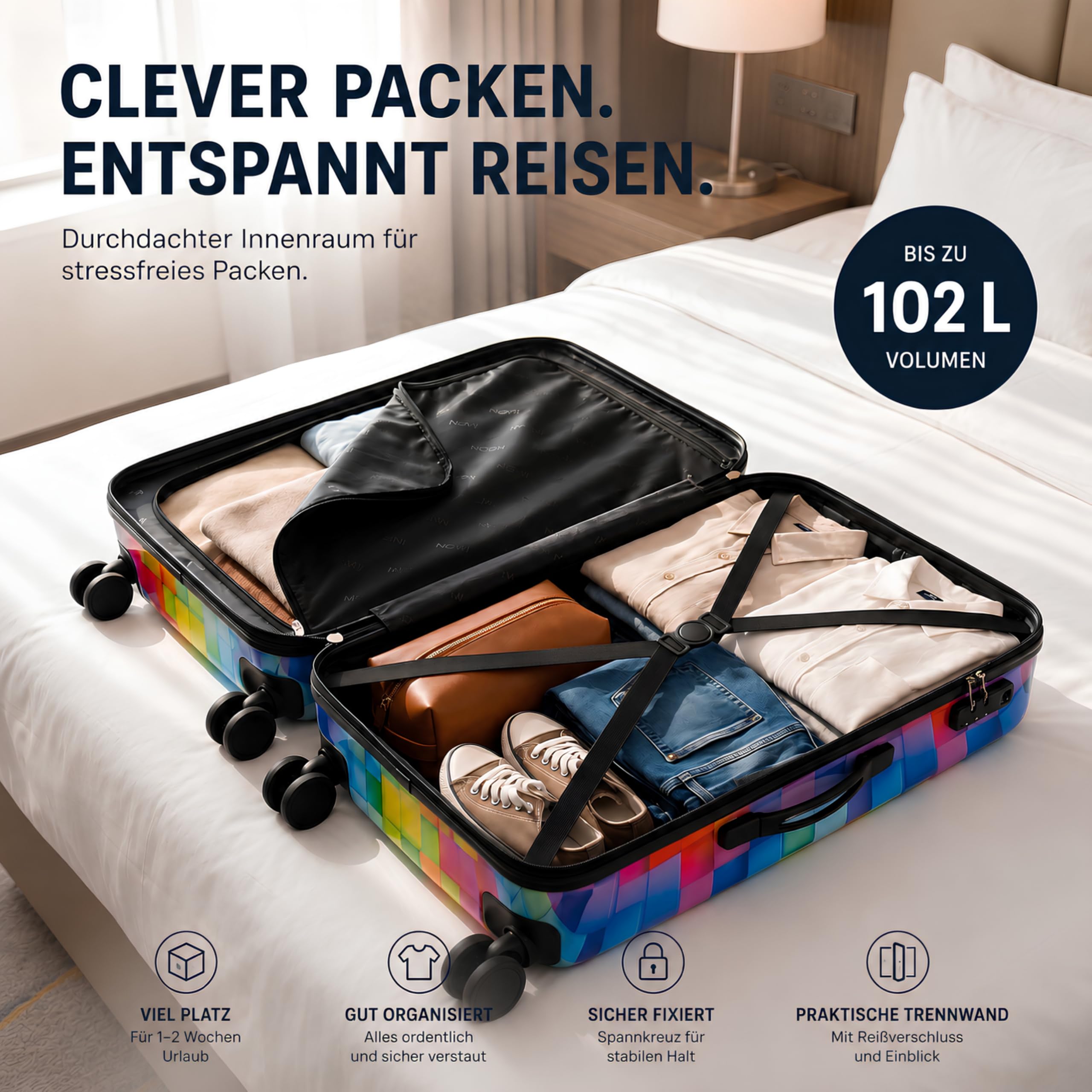 NOWI Hartschalenkoffer XL Groß - 100L Volumen - 158cm Gurtmaß - 8 Rollen 360° drehbar - Leichter Koffer mit Zahlenschloss & Teleskopgestänge - Reisekoffer mit Rollen, Trolley (XL)