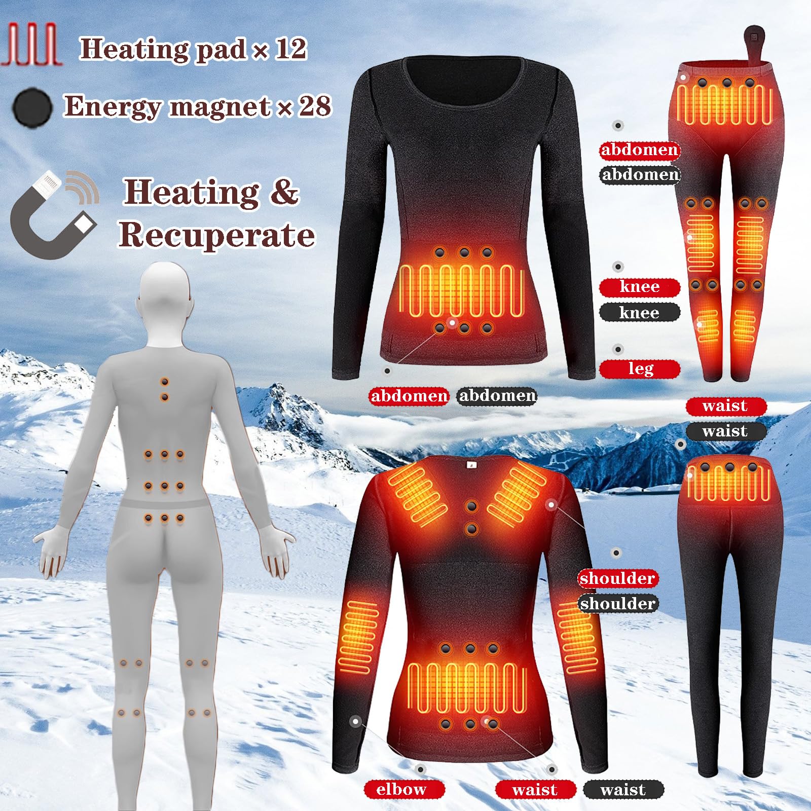VLOBAOM Womens Heated Thermal Underwear, Graphene Heating Shirts & Pants, 12 Heating Pads+28 Energy Stones+4 Battery,L,Black