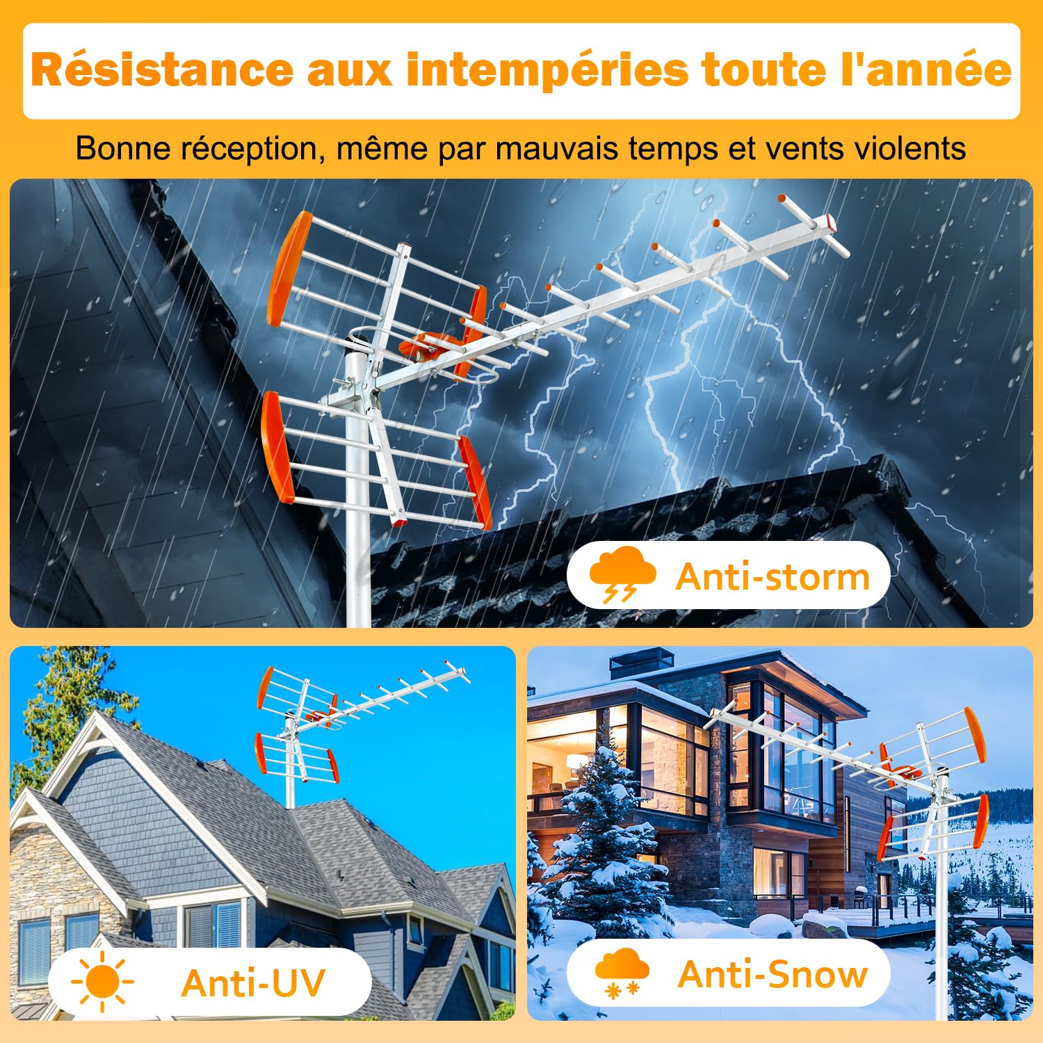 Antenna TV esterna Yagi a lungo raggio - Ricezione TNT HD/UHD 4K - Antenna Rastrello potente per zona bianca - compatibile DVB-T/T2 - Filtro 4G/5G - Cavo coassiale 8M incluso (K09E-FR-260402-Orange)
