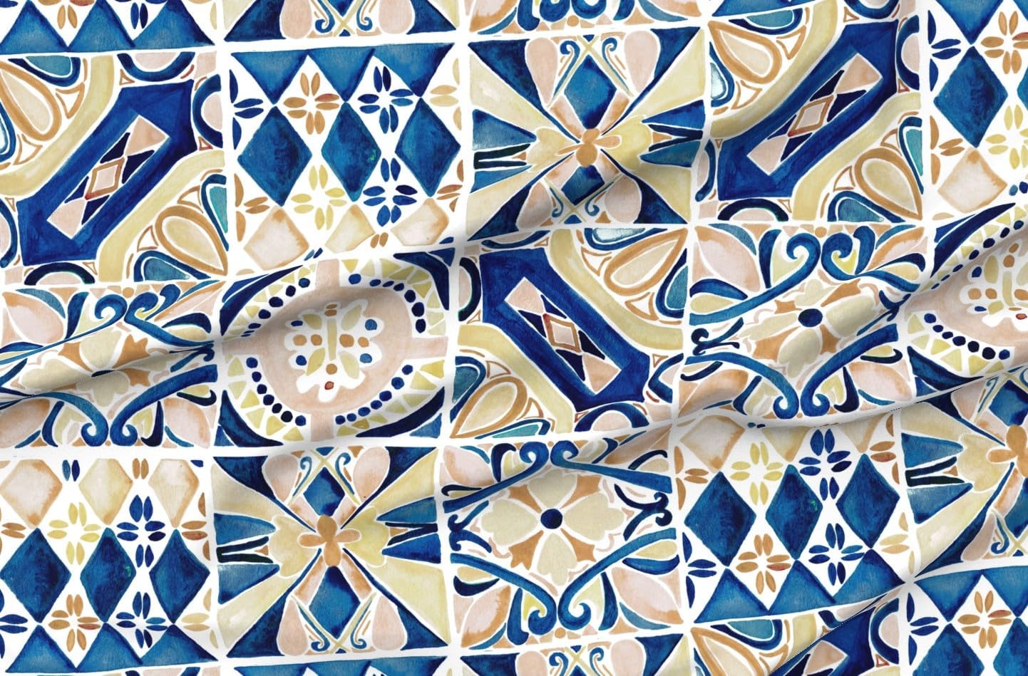 Spoonflower Fabric - Blue Geometric Watercolor Painting Italy Rustic Tuscany Mediterranean Printed on Petal Signature Cotton Fabric Fat Quarter - Sewing Quilting Apparel Crafts Decor