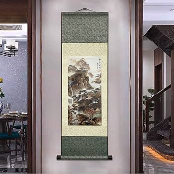 Amazon.co.jp: 絹本 掛け軸 アジアン 壁飾り 滝 川 山水画 - 松