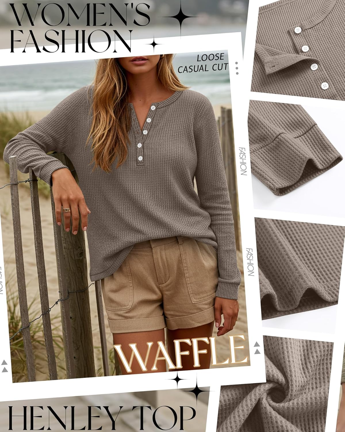 3 Pack Women's Oversized Waffle Knit Shirts Long Sleeve Henley V Neck Tops Button up Loose Casual Pullover Sweater - Image 5