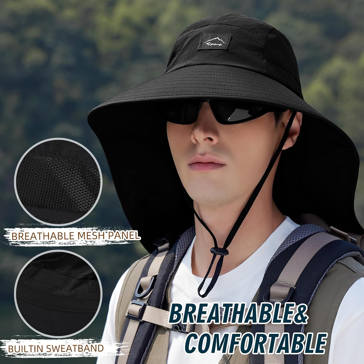 Rosoz Outdoor Sun Hat for Men Women, UPF50+ Protection Safari Cap Wide Brim Mesh Fishing Hat with Neck Flap Beach Garden