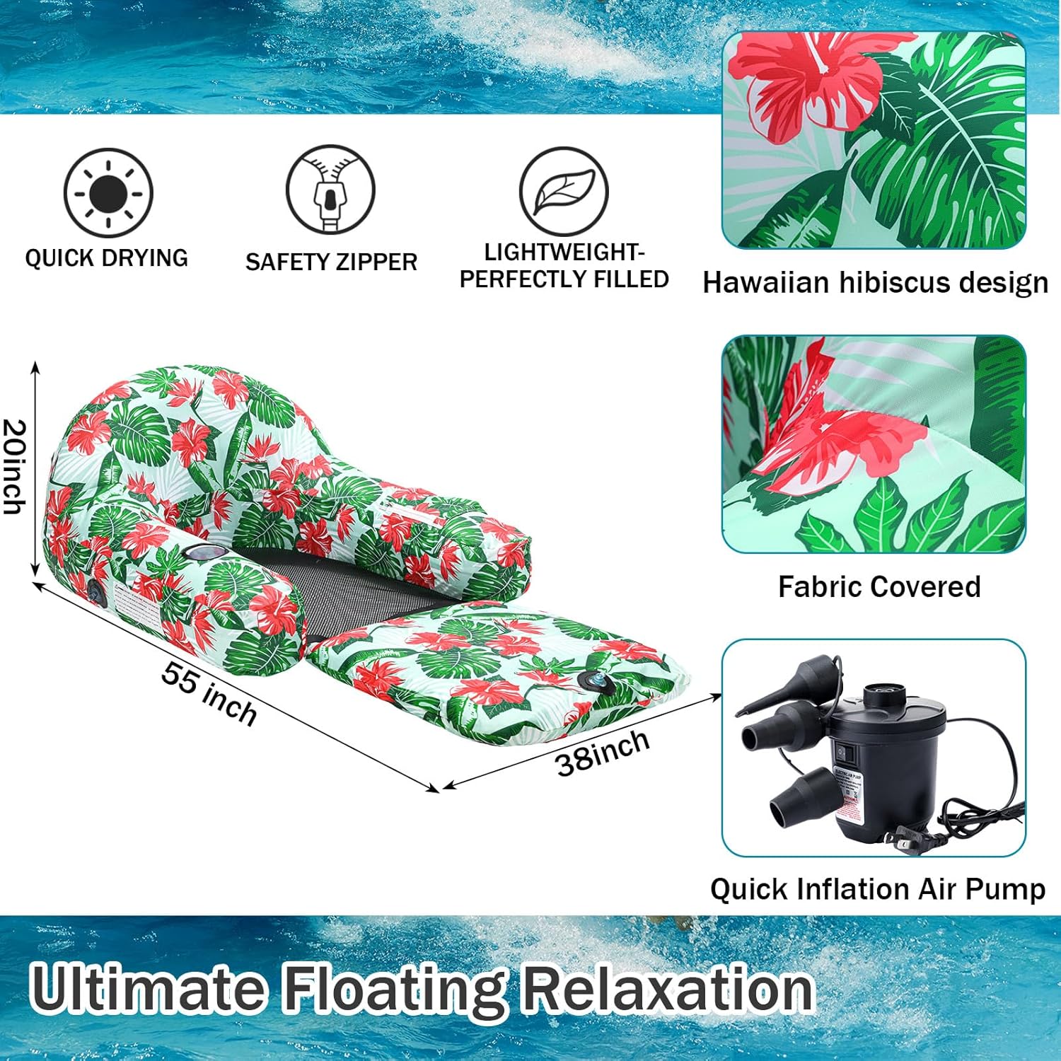 Simgoing Fabric Covered Pool Float Lounge for Adults 2 in 1 Convertible Chair Lounger Large Luxury Inflatable Pool Float Rafts Heavy Duty Mattress with Quick Dry Cover, Electric Air Pump