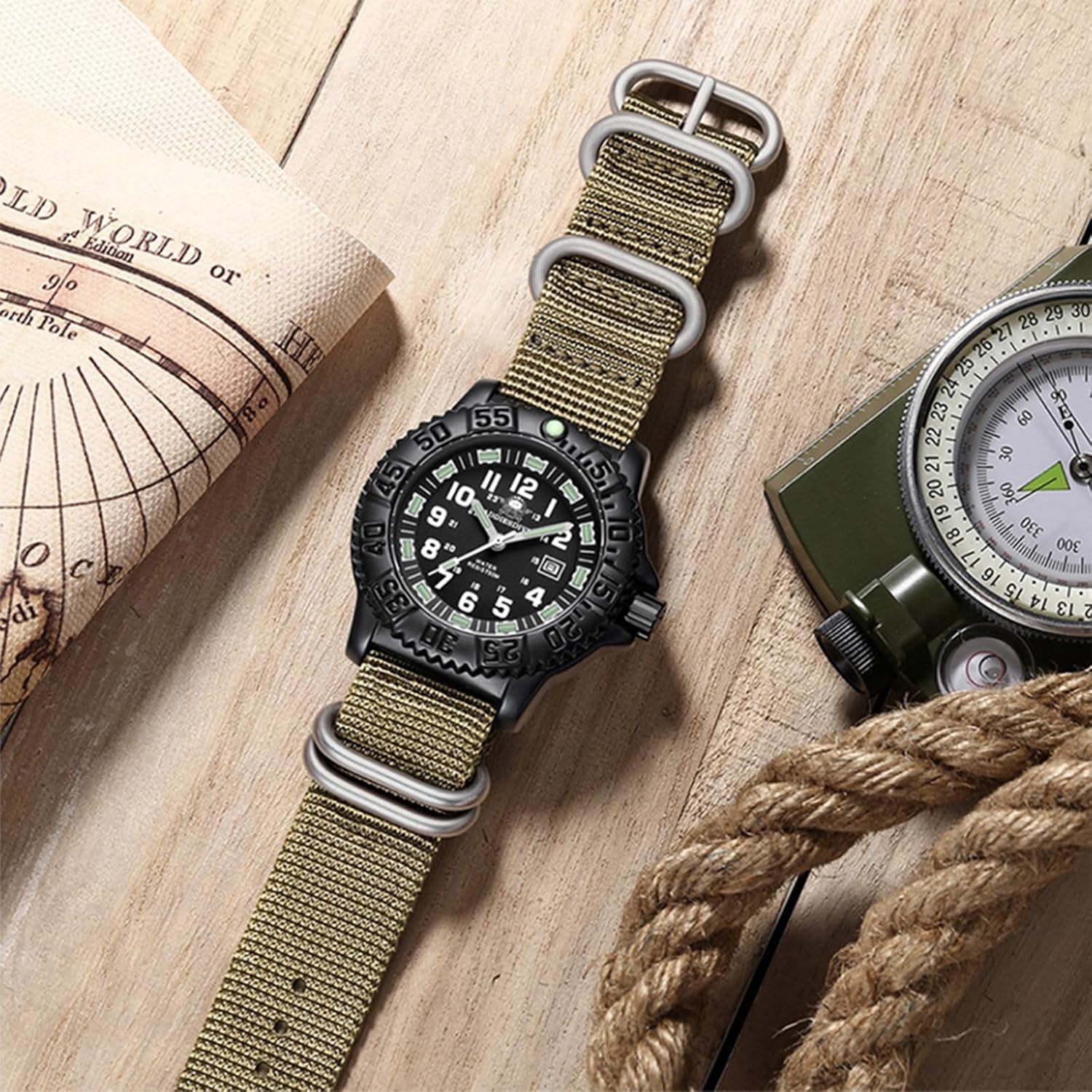 ADDIESDIVE Watch for Men Alloy Case Mineral Analog Quartz Rotatable Bezel Luminous Military Mens Watches with Stainless Steel Bracelet/Olive/Khaki Nylon Band