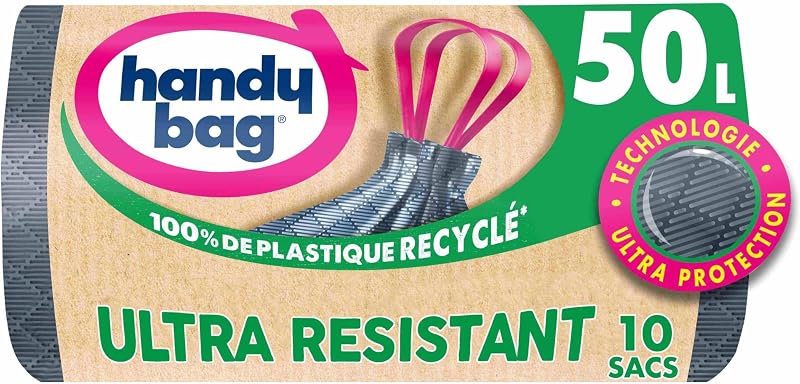 Handy Bag Sacs poubelle à poignées coulissantes Ultra Résistant & Fond anti-fuite, 100% plastique recyclé, 1 rouleau de 10 sacs poubelle 50L