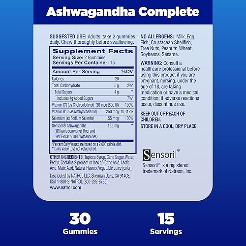 Miniatura 5 de Natrol Ashwagandha - Gomitas completas, soporte diario de estrés 3 en 1, apoya un mejor estado de ánimo, reduce el estrés ocasional y la fatiga, 30